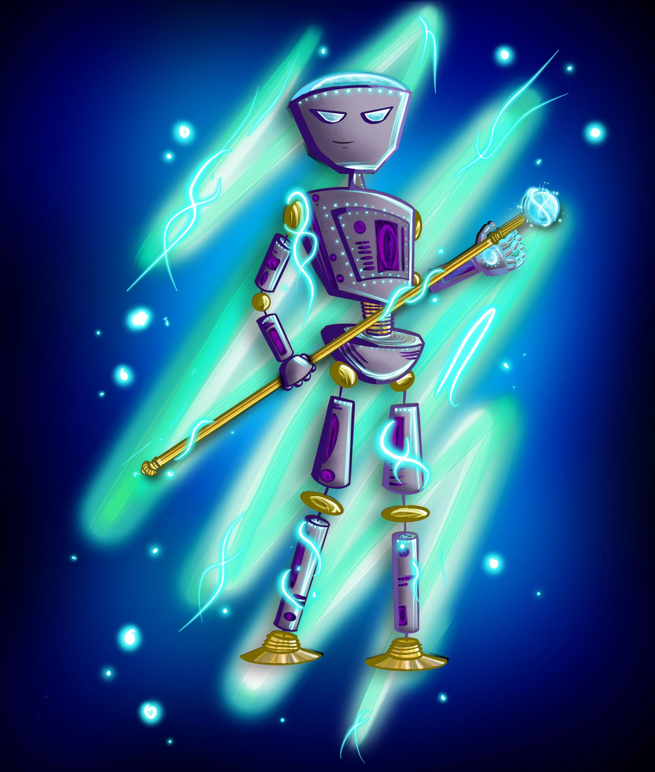 A digital illustration of a humanoid robot holding a staff with glowing orbs, surrounded by vibrant blue and green lightning and energy streaks.