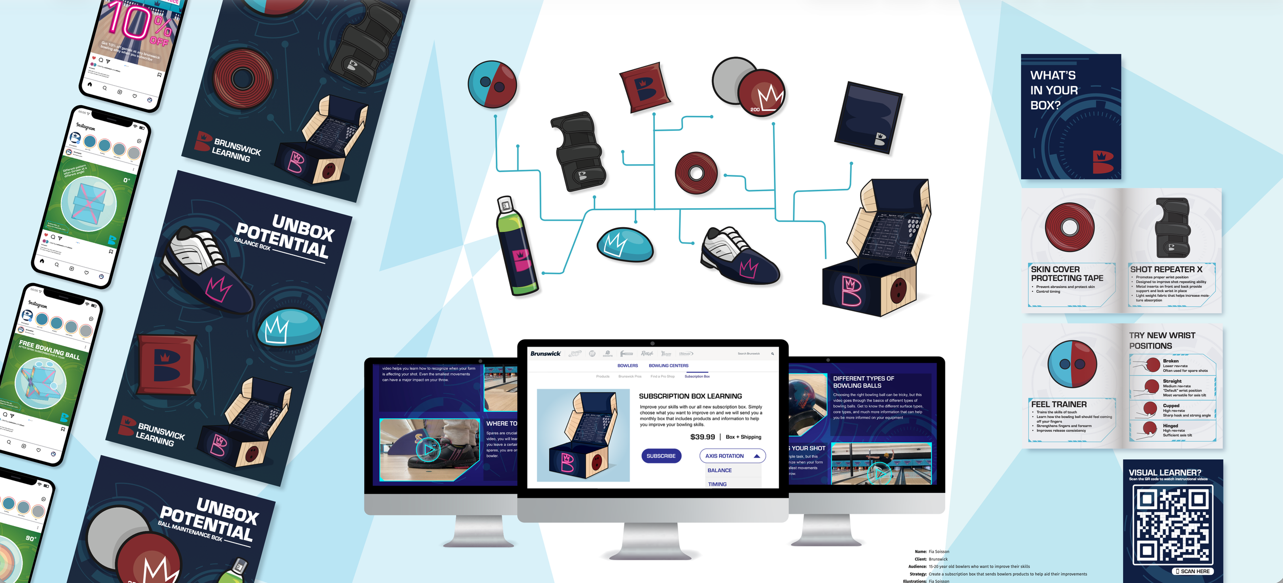 A digital illustration showcasing Brunswick Bowling products, including a bowling ball, shoes, and accessories, with screens displaying promotional material, instructional content, and subscription options. There are icons representing various bowling-related items connected by lines, a QR code, and multiple monitors showing related graphics and text.