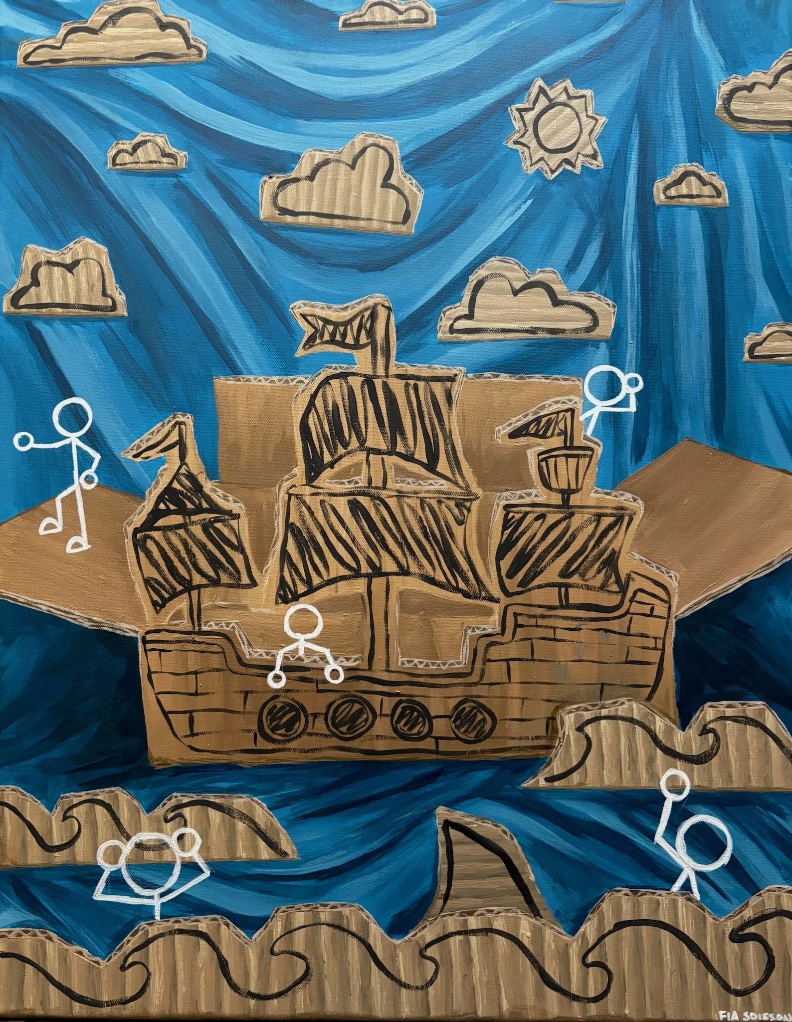 A painting of a cardboard box made to look like a children's drawing of a ship, sailing on wavy blue water under a blue sky with clouds and a sun. There are small stick figure children standing on the ship and in the water.