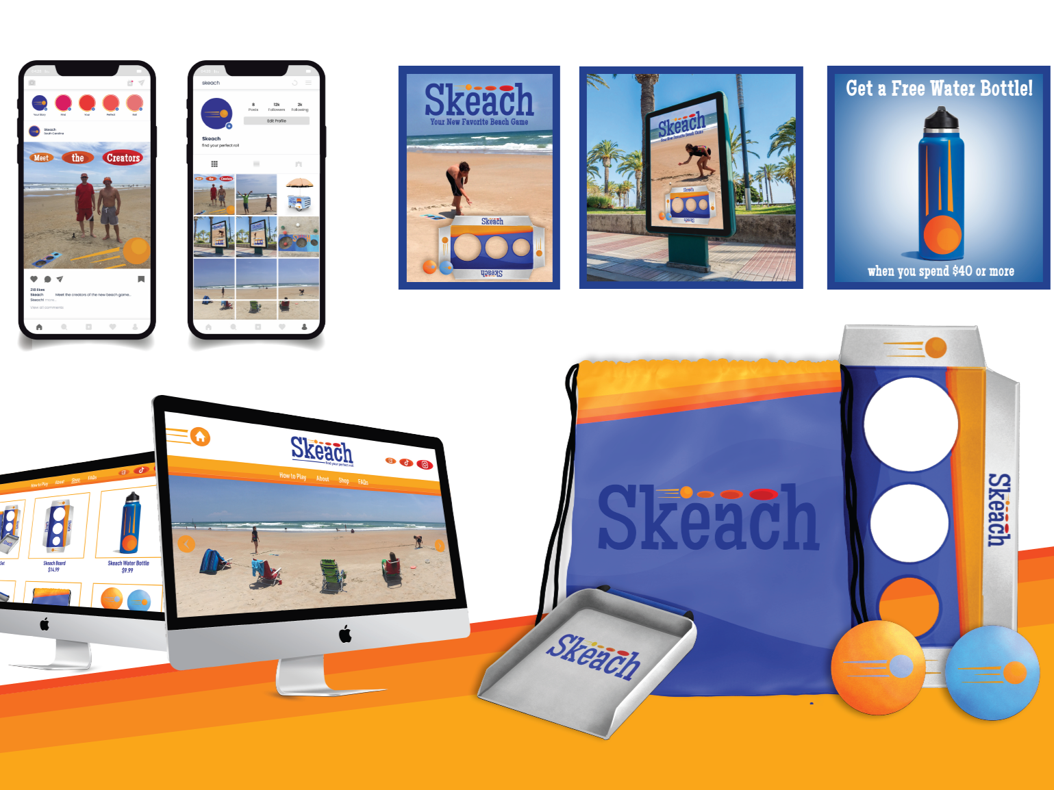 Skeach beach game and merchandise display, including a large beach tote bag, a water bottle, two sand disks, a kiosk sign, monitors showing game instructions and a beach scene, and promotional signs for a free water bottle promotion.