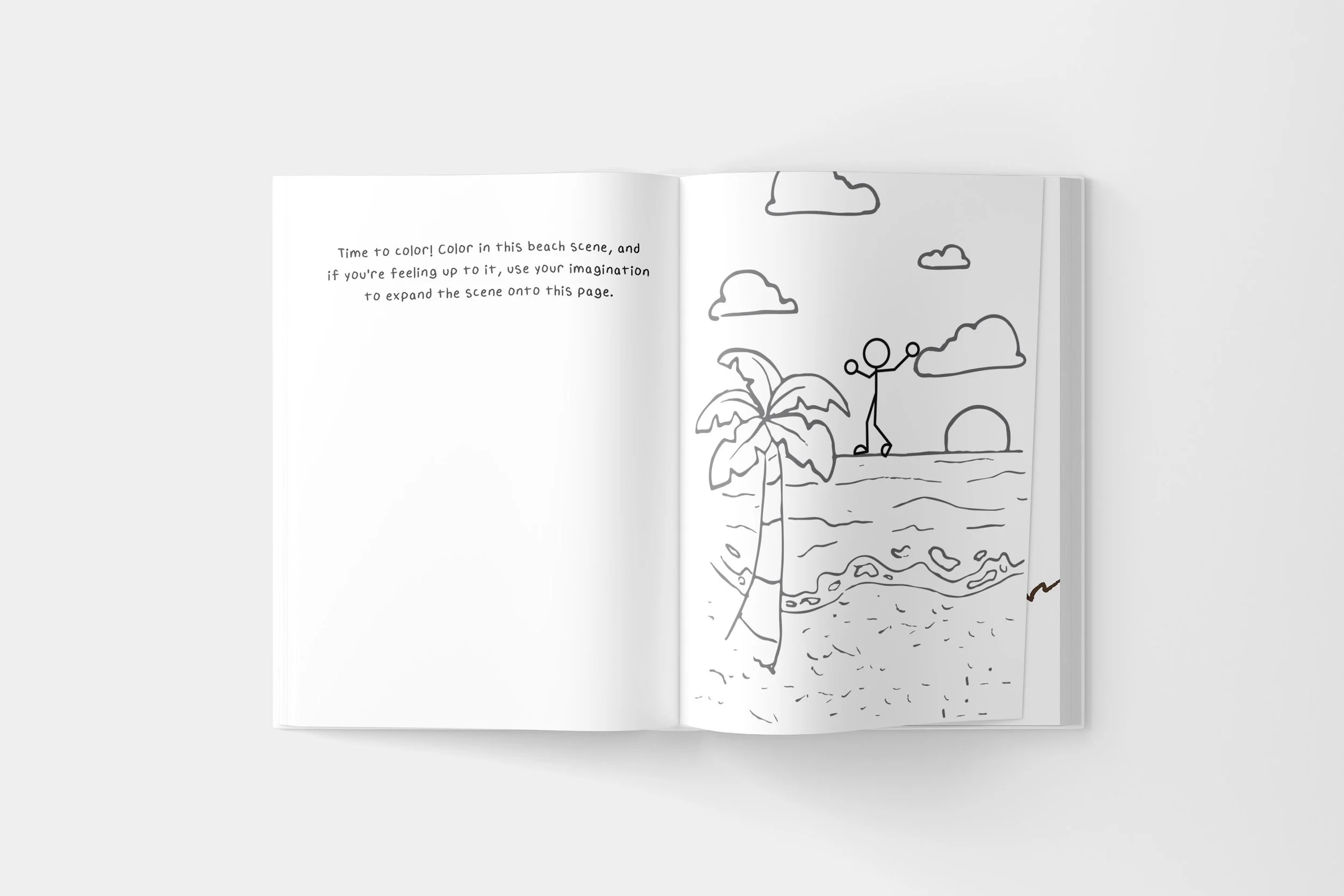 A black and white coloring book page depicting a beach scene with a palm tree, a stick figure with raised arms, clouds, a setting sun, and ocean waves.