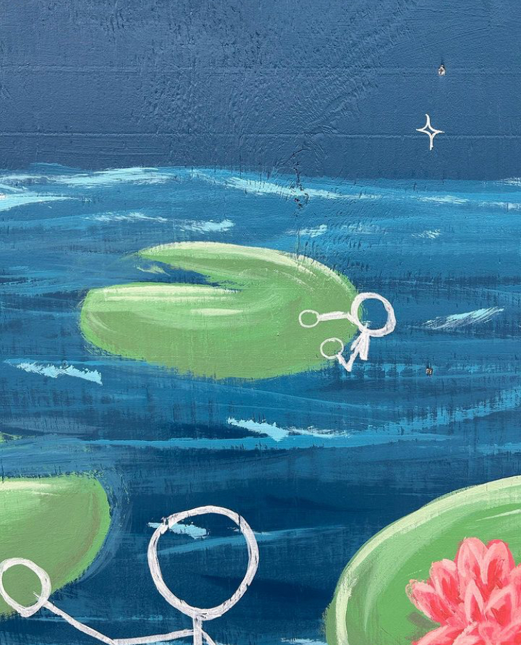 Painting of lily pads on water with fishing hooks and a pink flower, blue background with small white star.