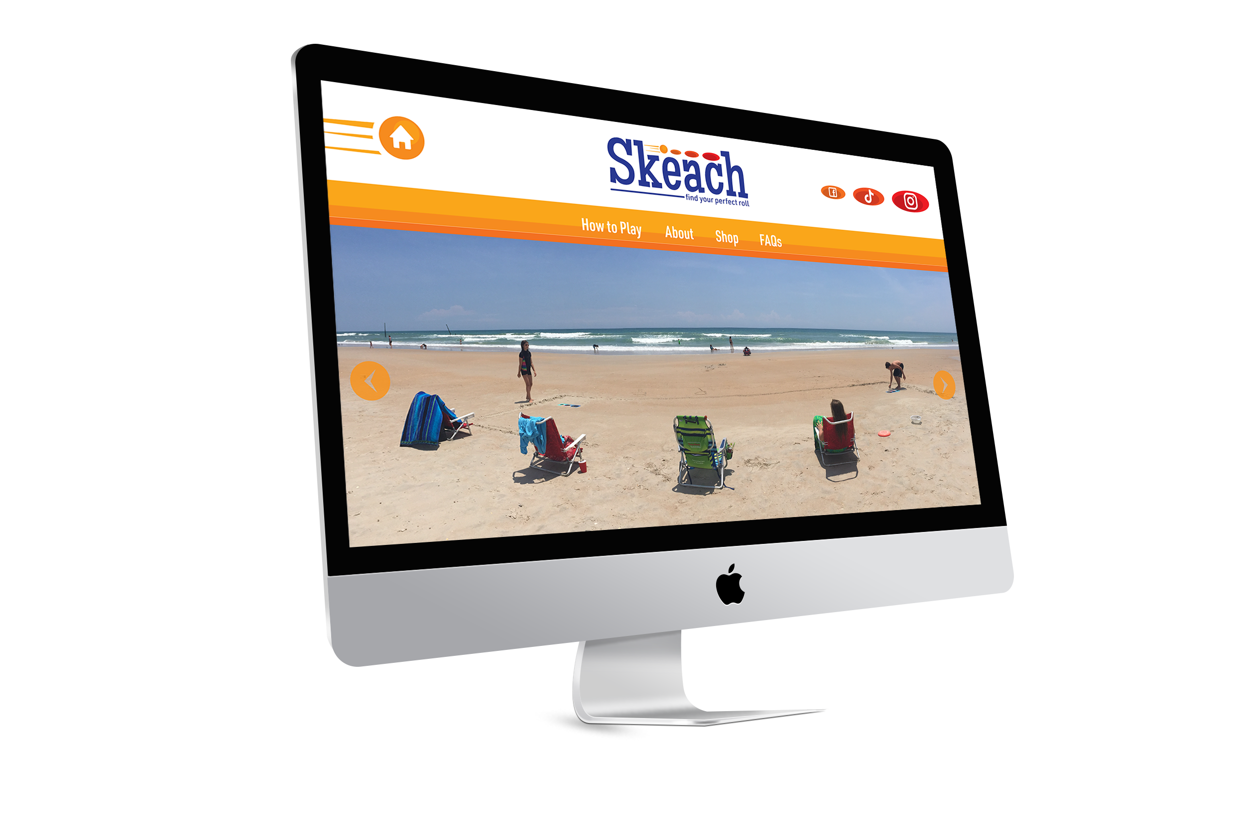 Computer screen displaying a beach scene with chairs and people, and a website titled 'Skeach' for finding surfboards.