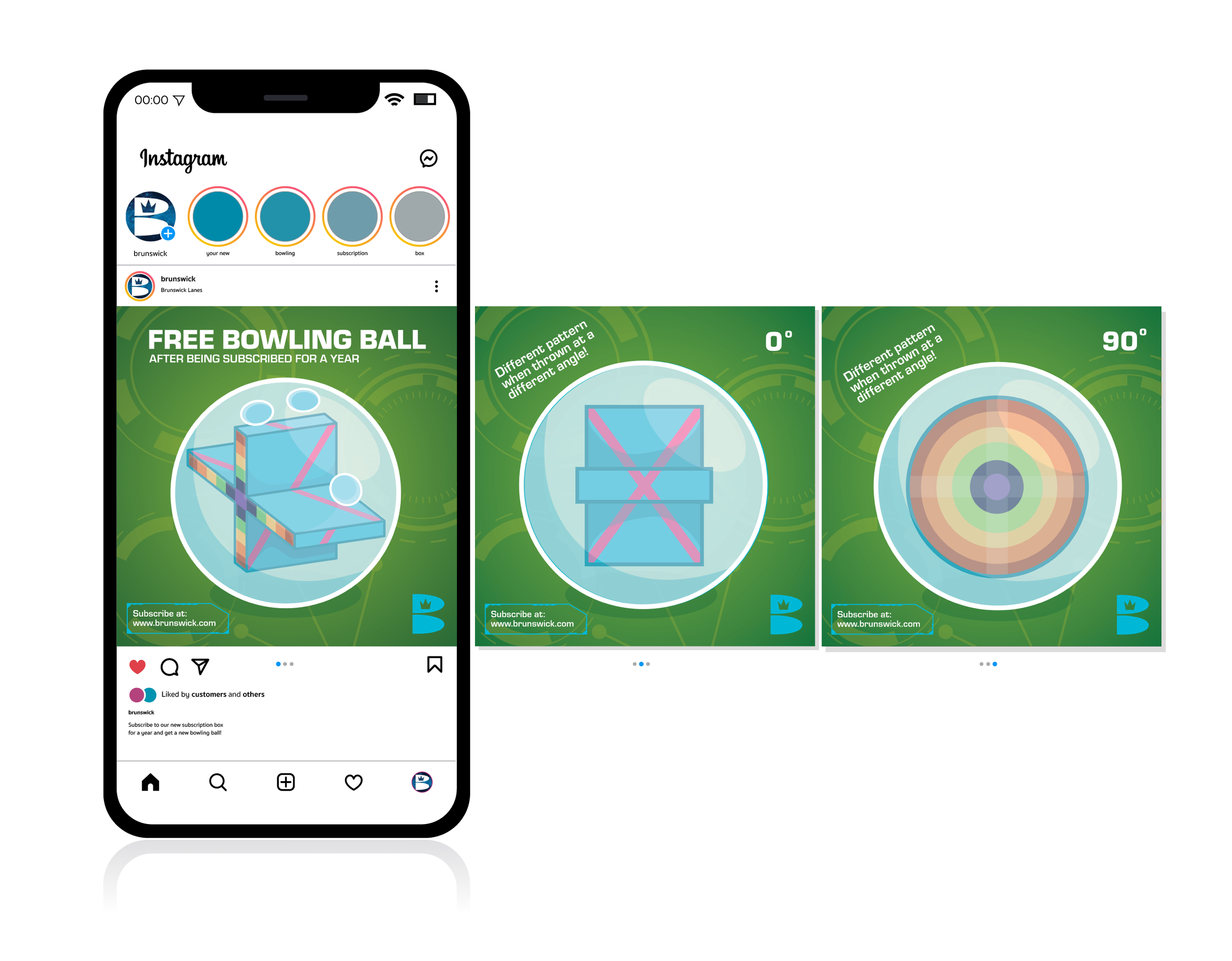 An Instagram post promoting a free bowling ball, with three diagrams showing different patterns when thrown at various angles.