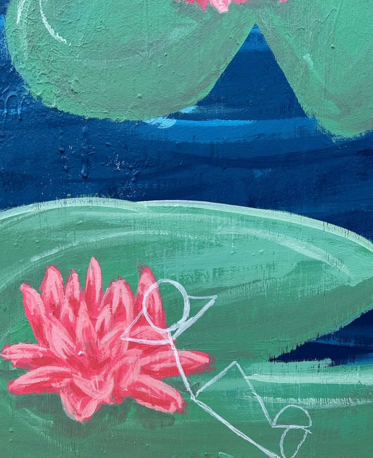 A colorful abstract painting featuring blue mountains, green hills or water lilies, and a pink flower with a white chain or string in the foreground.