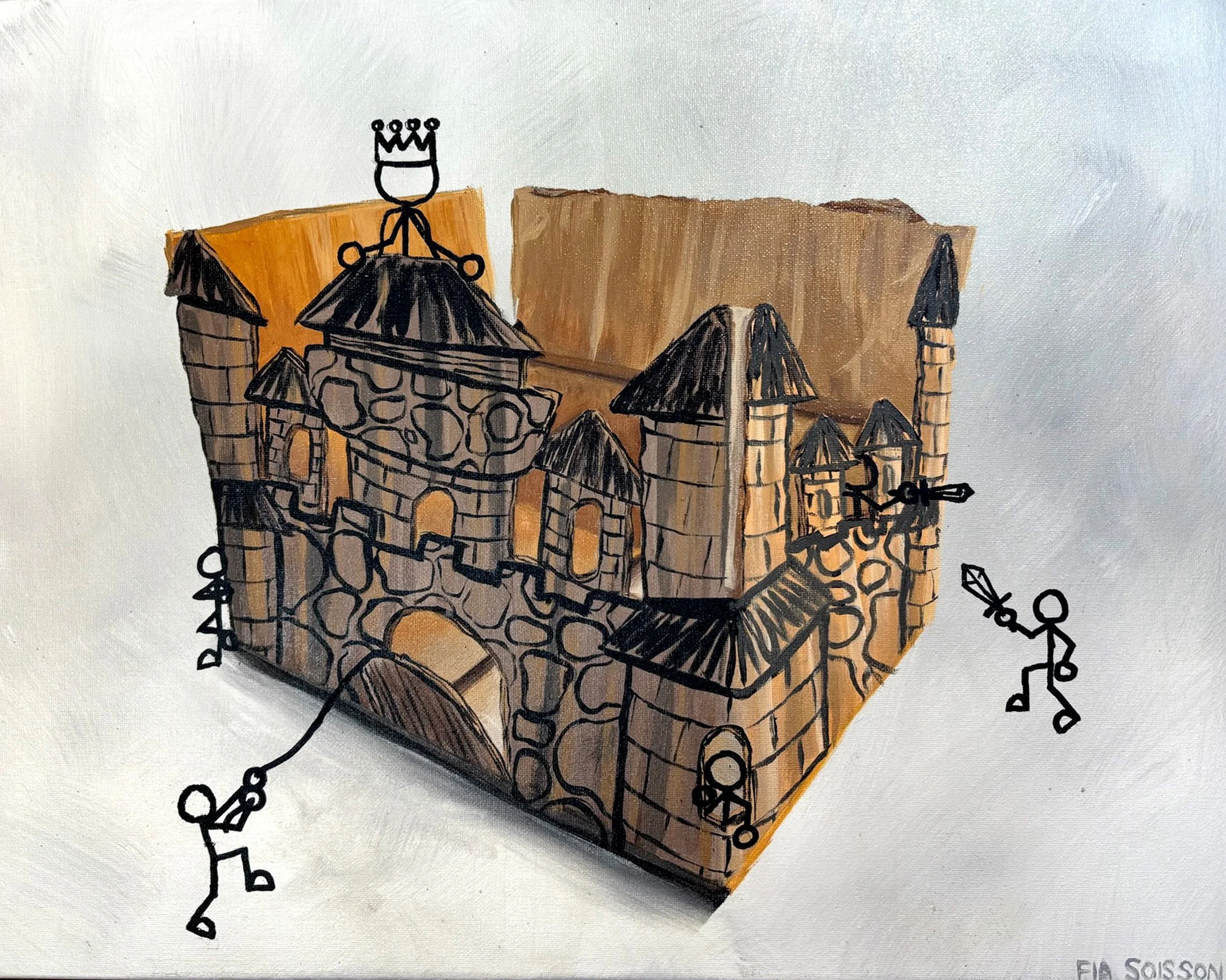 A painting of a cardboard box made to look like a medieval castle with four stick figure characters engaging in activities around it, such as climbing, holding a sword, and hanging from ropes.