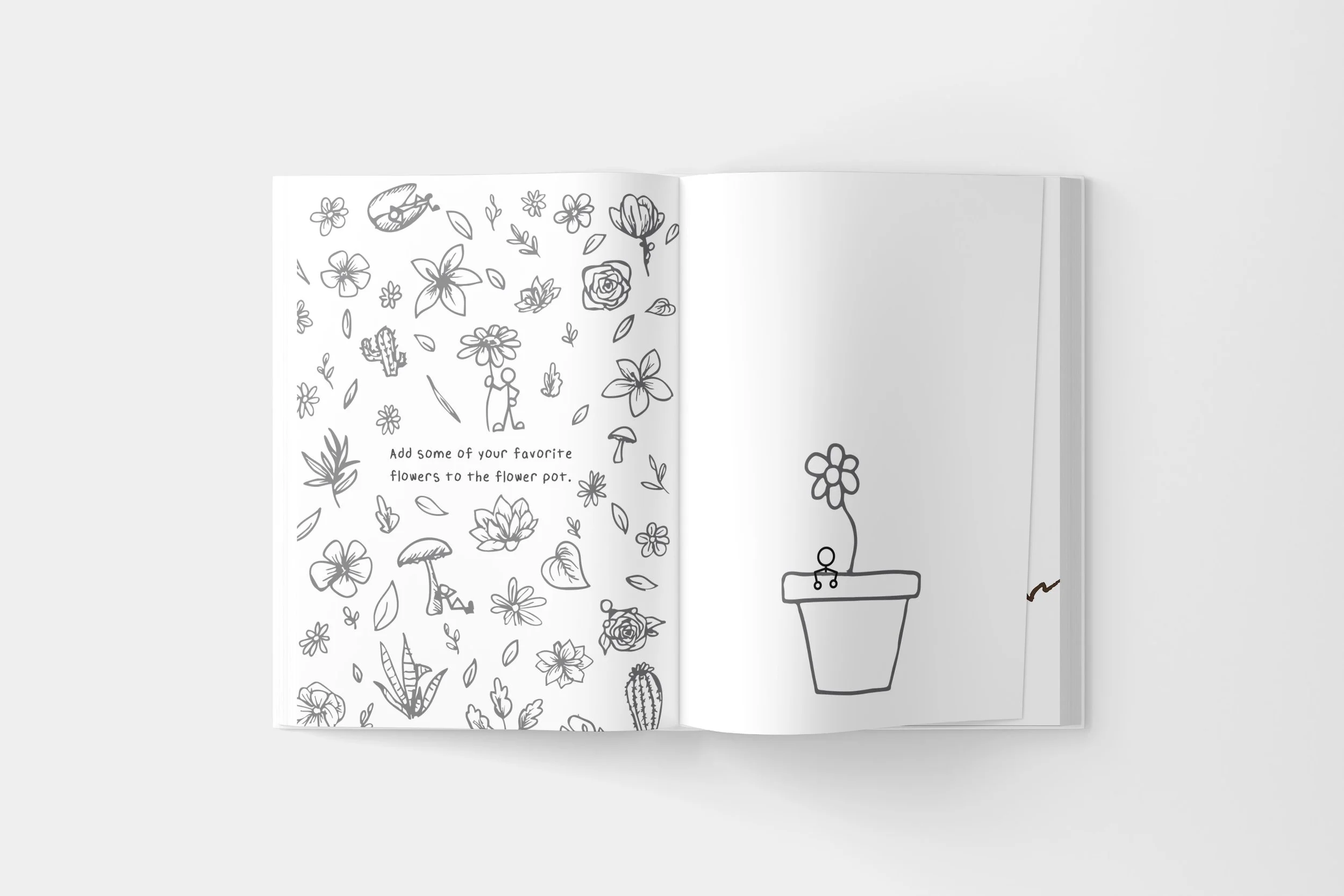 An open coloring book with black and white illustrations of flowers and a small person among them on the left page. The right page shows a simple drawing of a flower in a flower pot. The left page contains the text: "Add some of your favorite flowers to the flower pot."