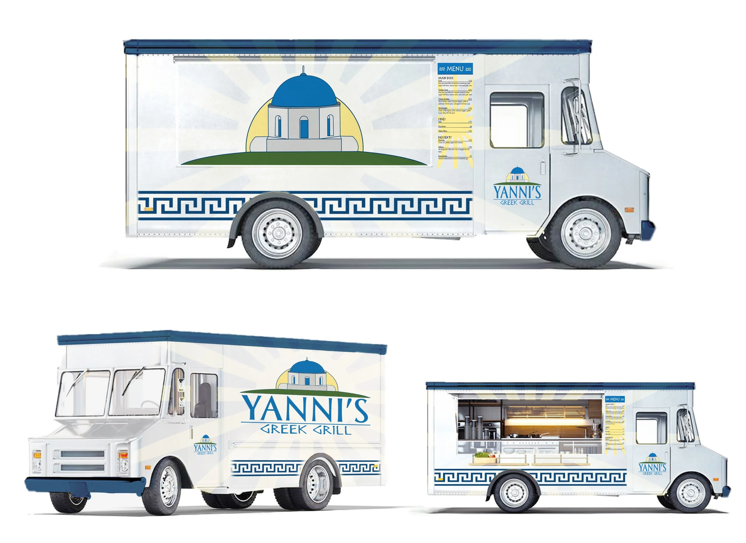 Light blue and white Greek-themed food truck with blue dome and white walls, featuring Greek key pattern along the lower edge, with Yanni's Greek Grill logo and menu displayed.
