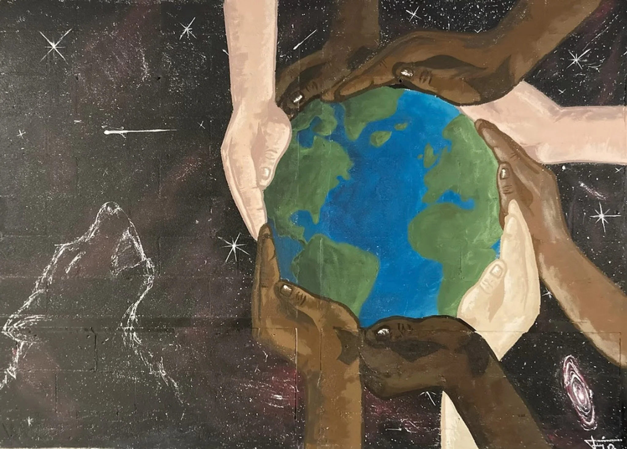 Painting of diverse hands holding the Earth with a space background featuring stars, a planet, and a wolf.