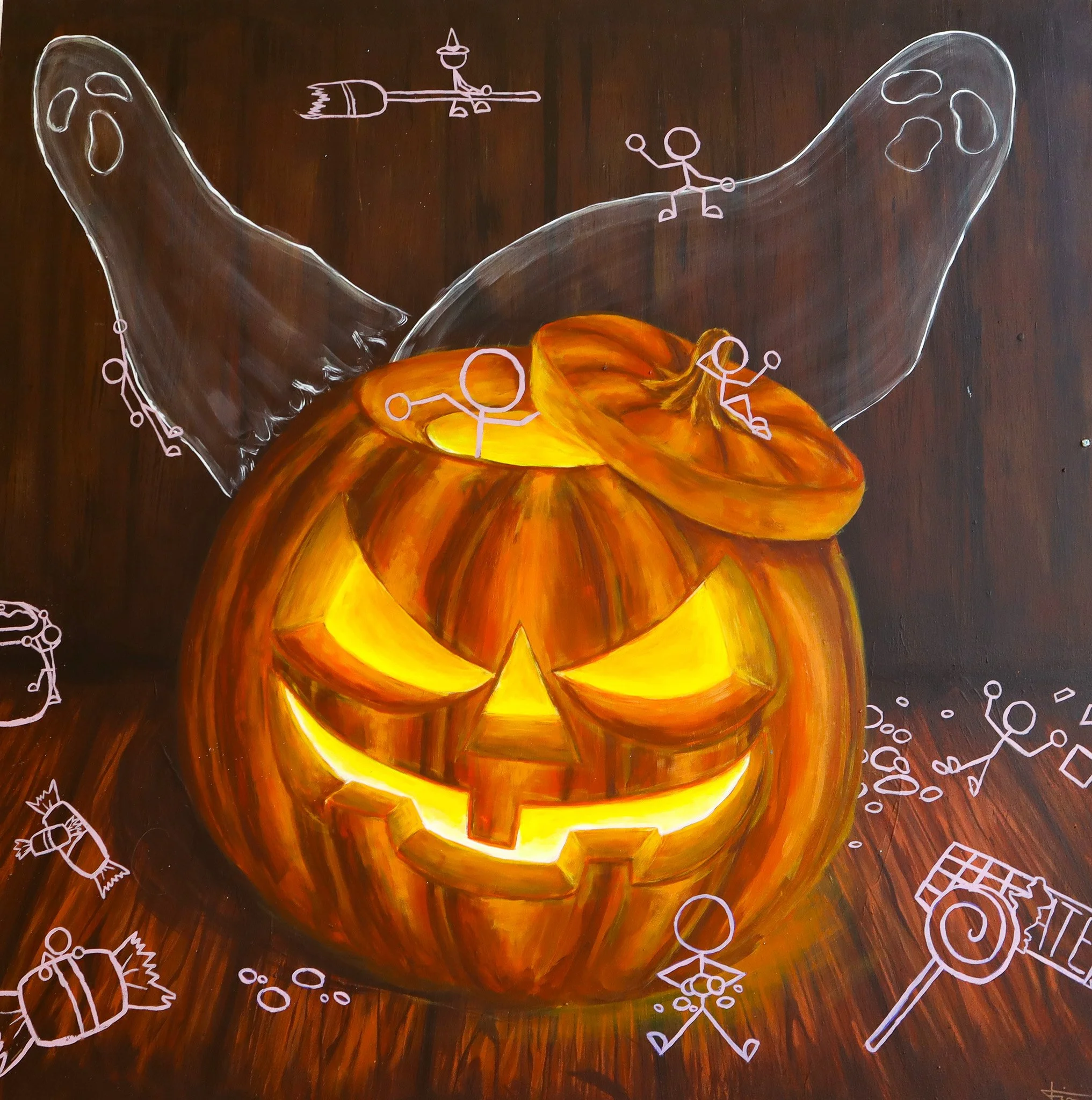 Painted Halloween scene featuring a glowing jack-o'-lantern pumpkin with a paper-thin lid on top, surrounded by white chalk drawings of stick figures, candy, and spooky decorations on a dark wooden surface.