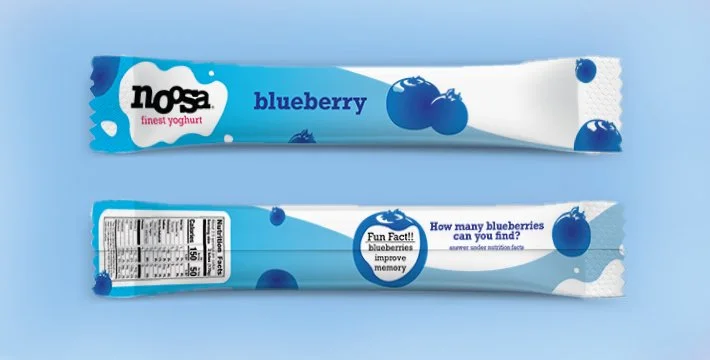 A tube of Nopa blueberry flavored yogurt showing the front and back labels.