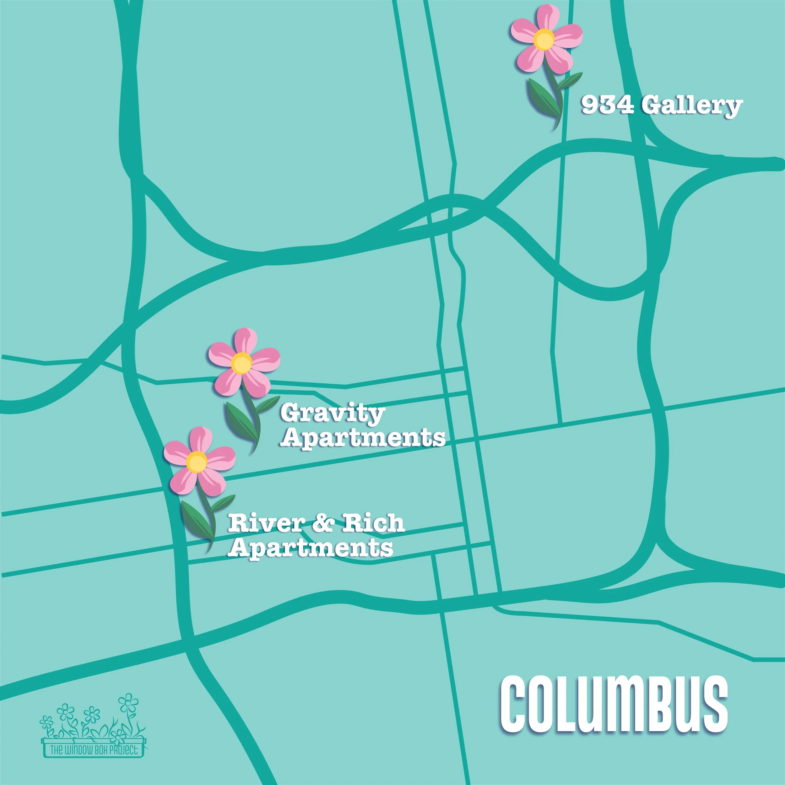 Map of Columbus highlighting two apartment complexes: Gravity Apartments and River & Rich Apartments, with route lines and pink flowers marking locations.