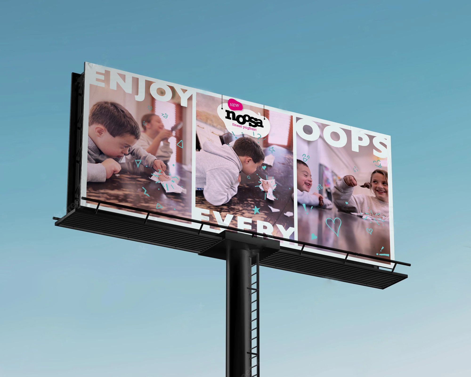 Billboard with children engaging in activities, with partial text 'Enjoy every' and a logo for 'noga'.