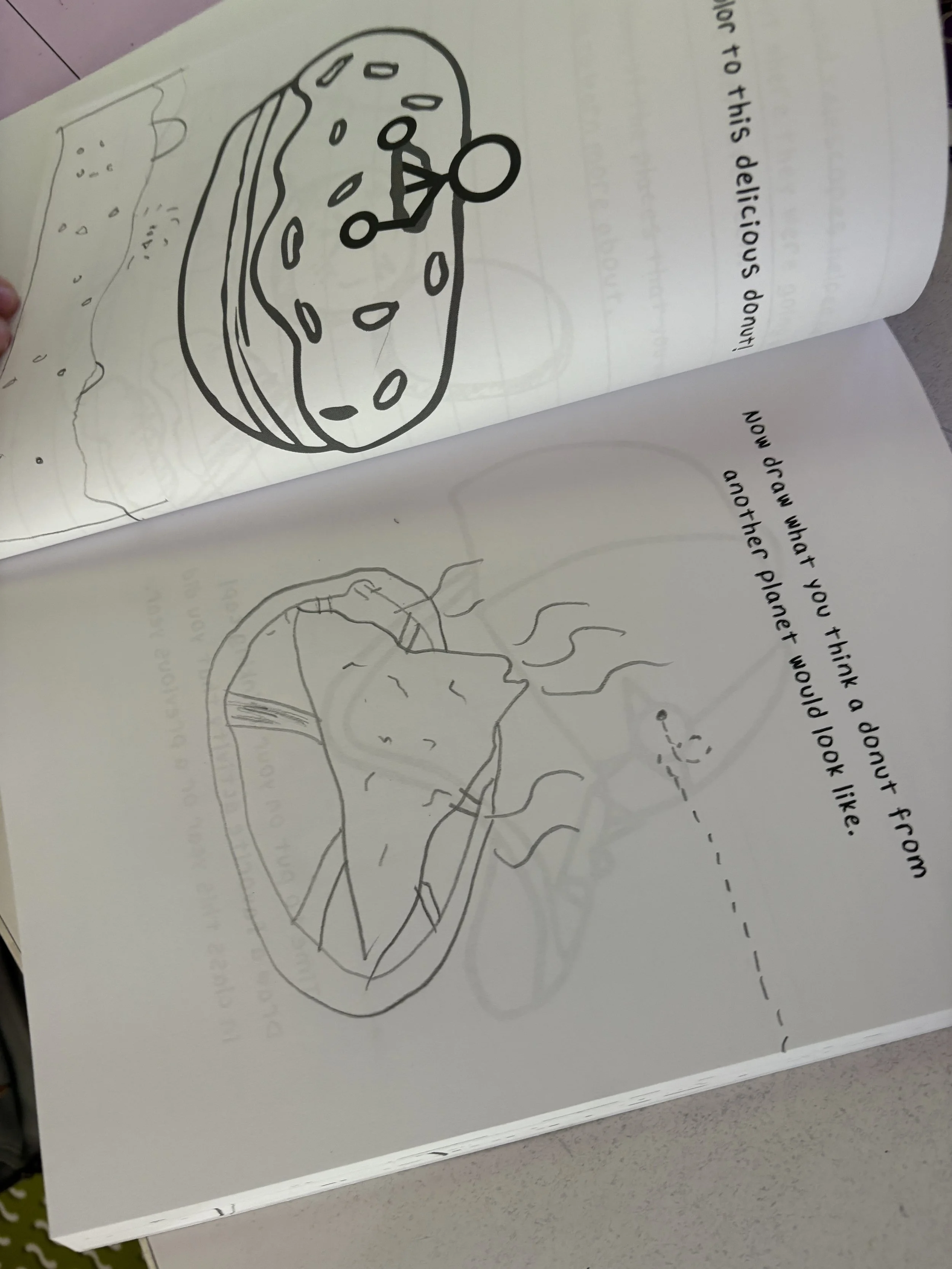 A child's drawing of a taco with steam rising from it and a piece of pizza with steam rising from it. The taco has a shell with fillings inside, and the pizza has toppings with steam indicated by wavy lines. There is text next to the drawings that says, "Now I grow what you think a doodle like. ... or other planet would turn out from."