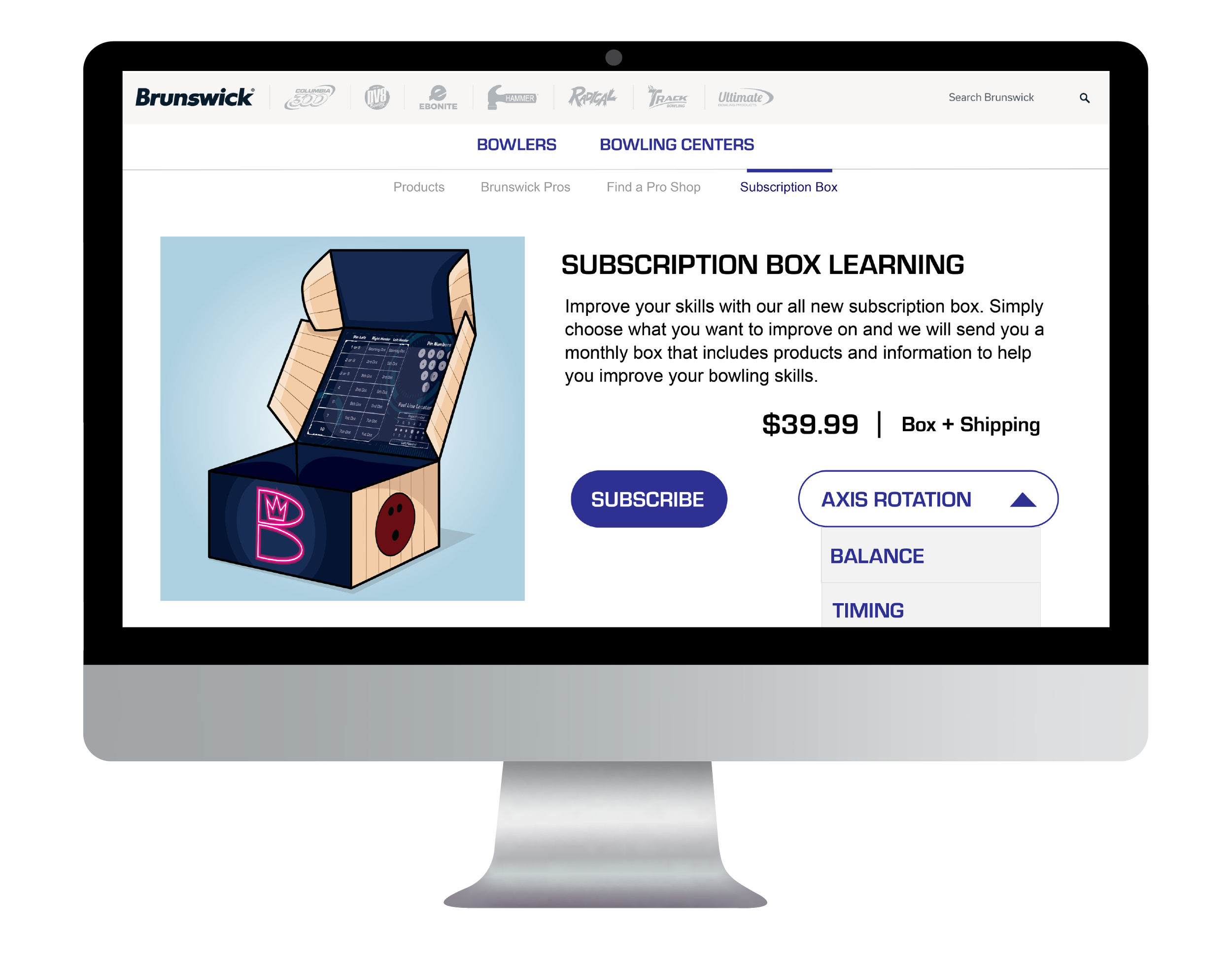 Computer screen displaying a webpage for Brunswick subscription box learning program, with an illustration of a bowling ball return box and buttons for subscription features.