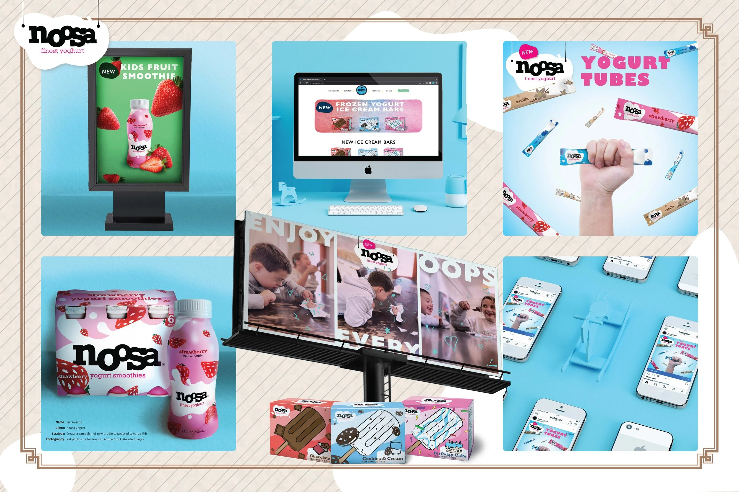 Display of Nosa yogurt products, including strawberry smoothies, frozen yogurt ice cream bars, yogurt tubes in various flavors, sample packaging with children, digital screens showing Nosa branding and advertisements, and multiple smartphones with the Nosa webpage or social media posts on a blue table.