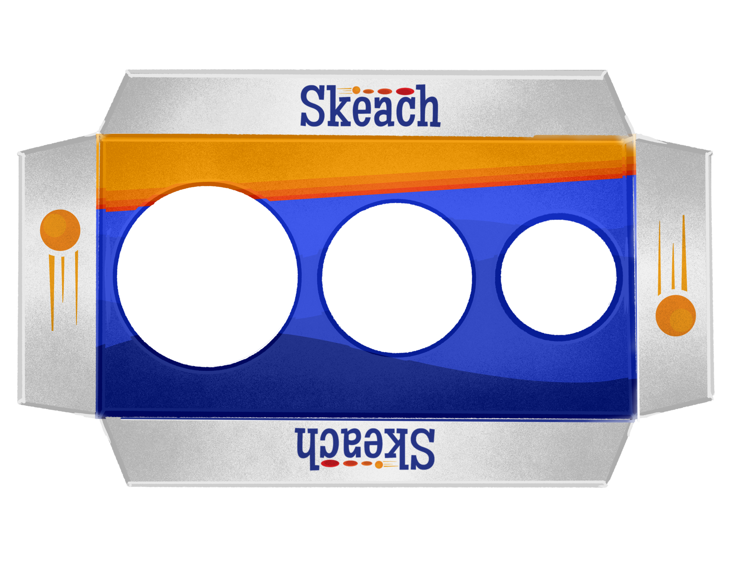 A mock-up of what the board for the game 'Skeach' would look like. It features a board with three different-sized holes and ramps on the sides of the board.
