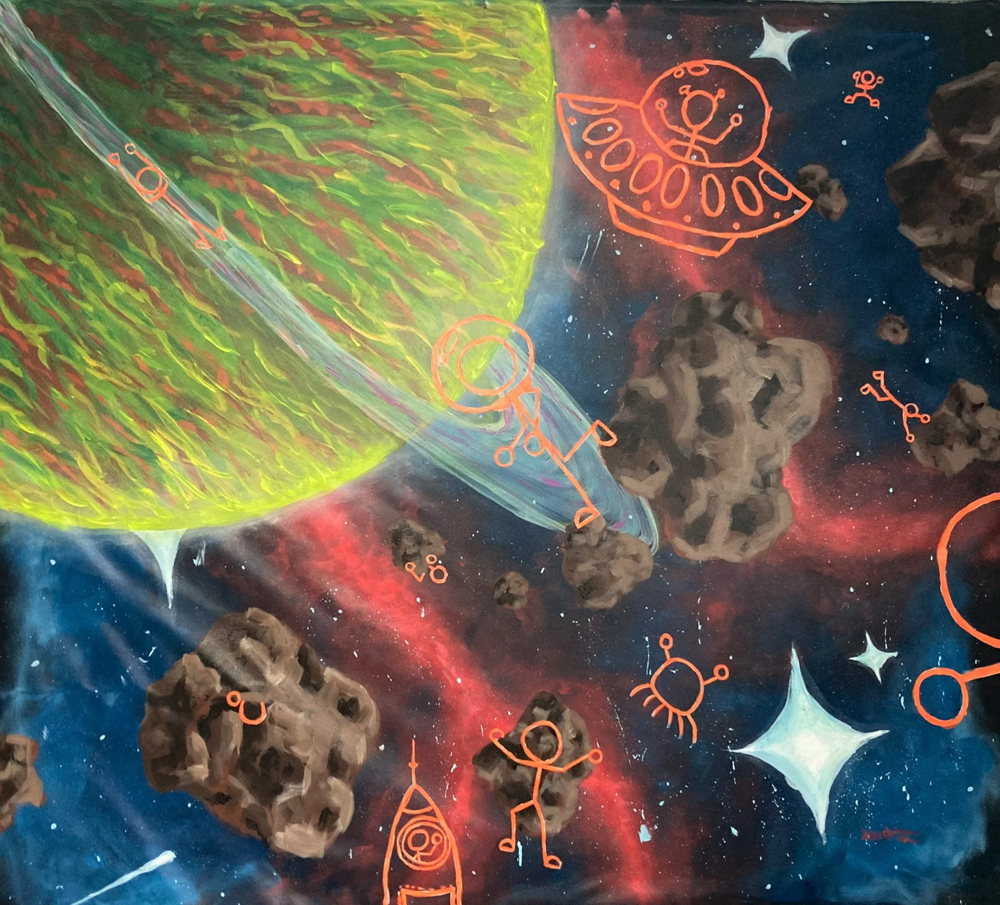 Outer space scene with a large green planet, asteroid rocks, and cartoon-style orange stick-figure aliens with spaceship drawings on a colorful nebula background.