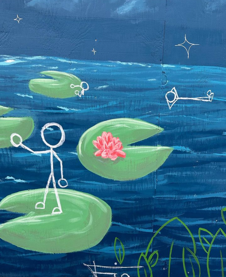 Colorful mural with stick figure characters on lily pads in a pond with pink flower, green plants, and stars in the sky.