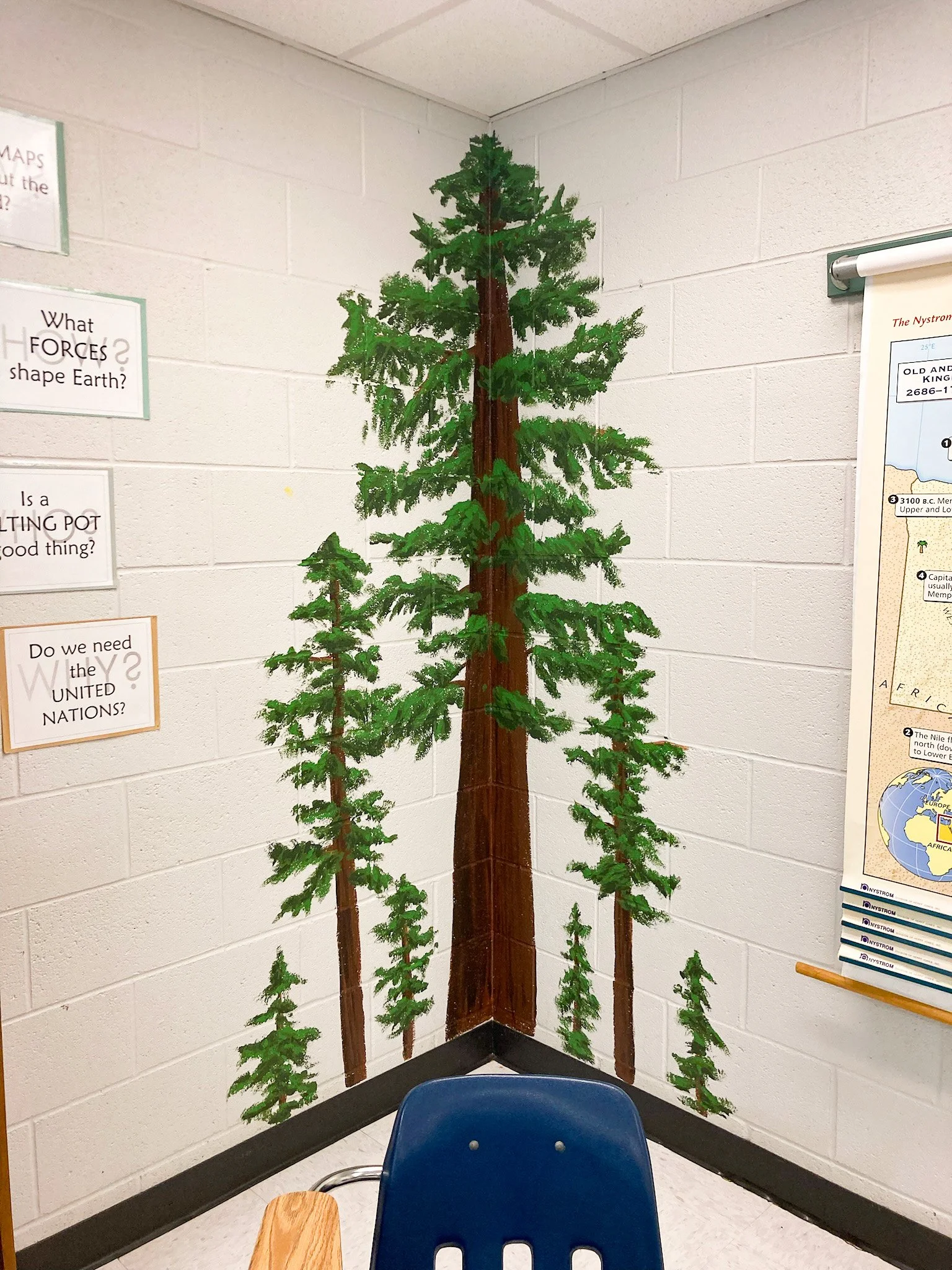 A corner of a classroom with painted tall pine trees on white brick walls, part of educational posters.