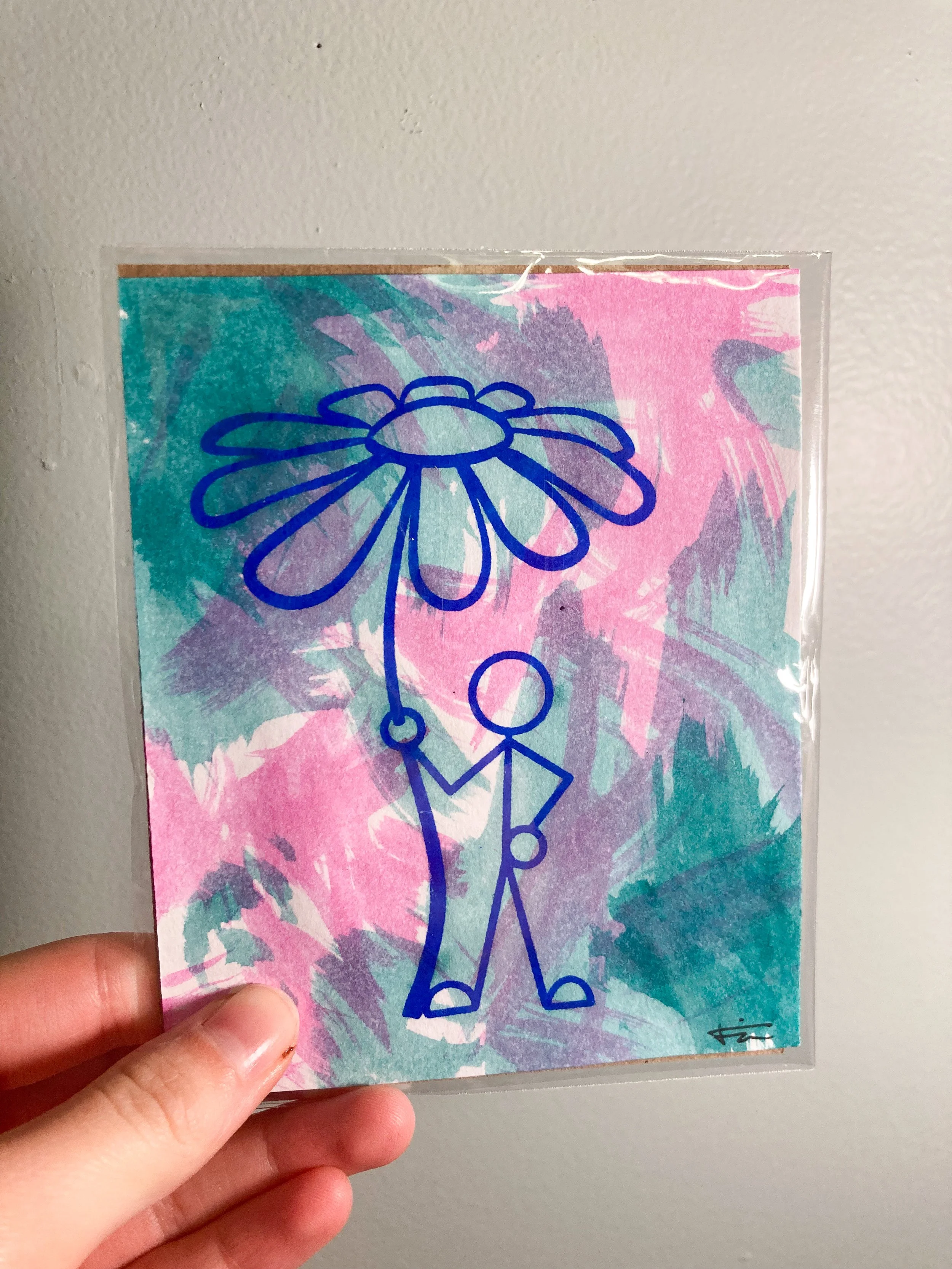 Doodle Figure Holding Flower Card