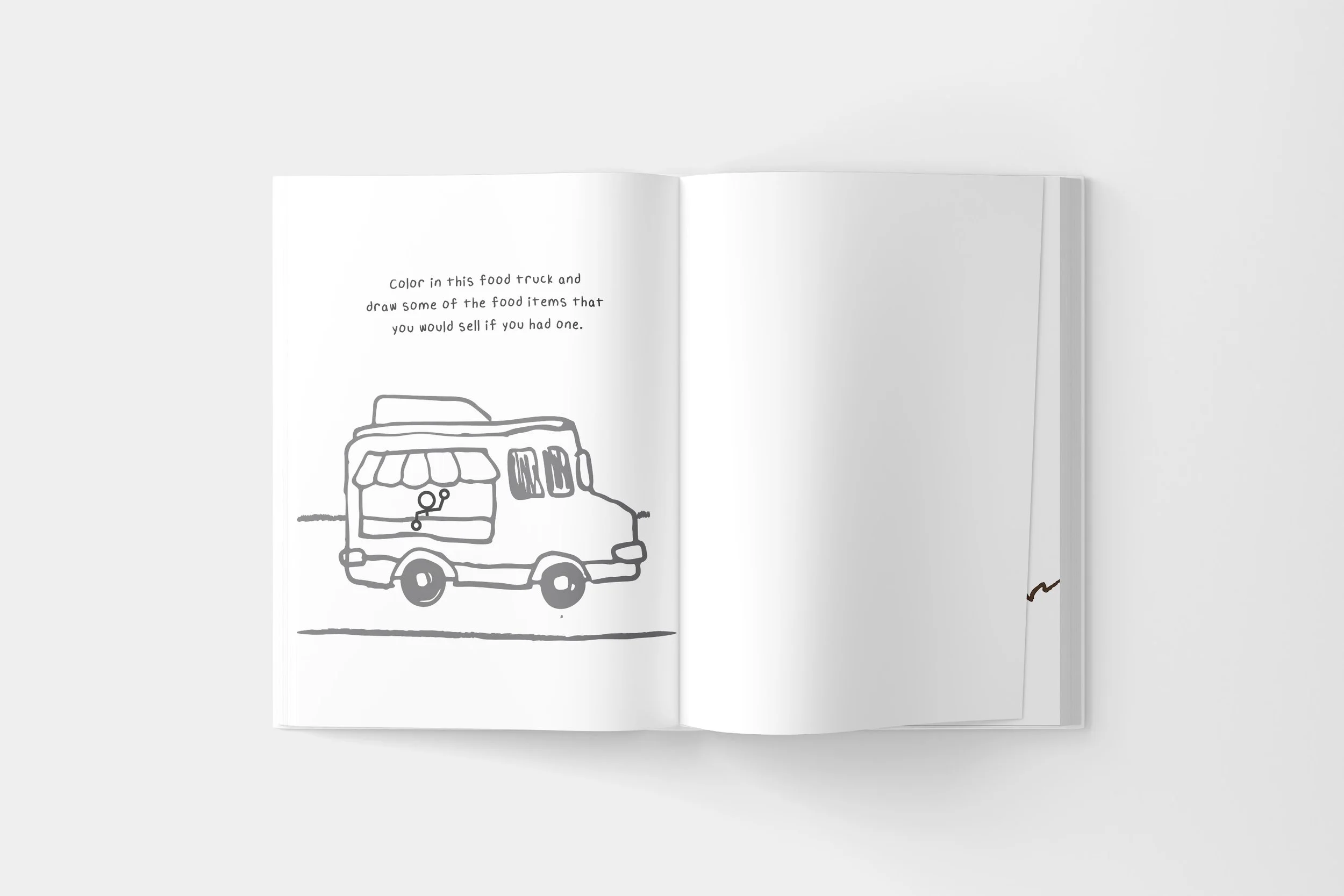 Open children's activity book with a simple line drawing of a food truck and a prompt asking to color the truck and draw food items.