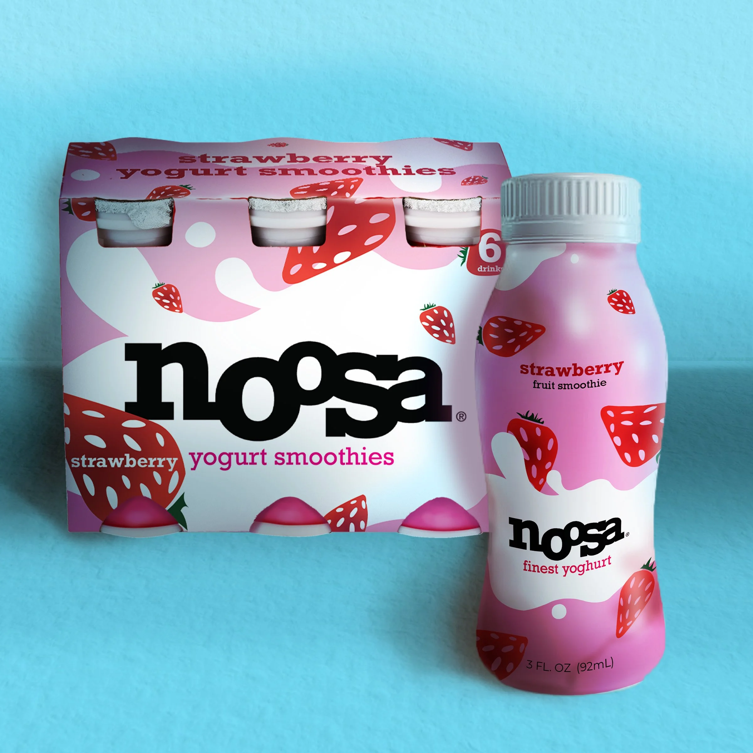 A pack of Nos Strawberry Yogurt Smoothies with an individual bottle next to it, both decorated with strawberry images and text indicating strawberry flavor and yogurt.