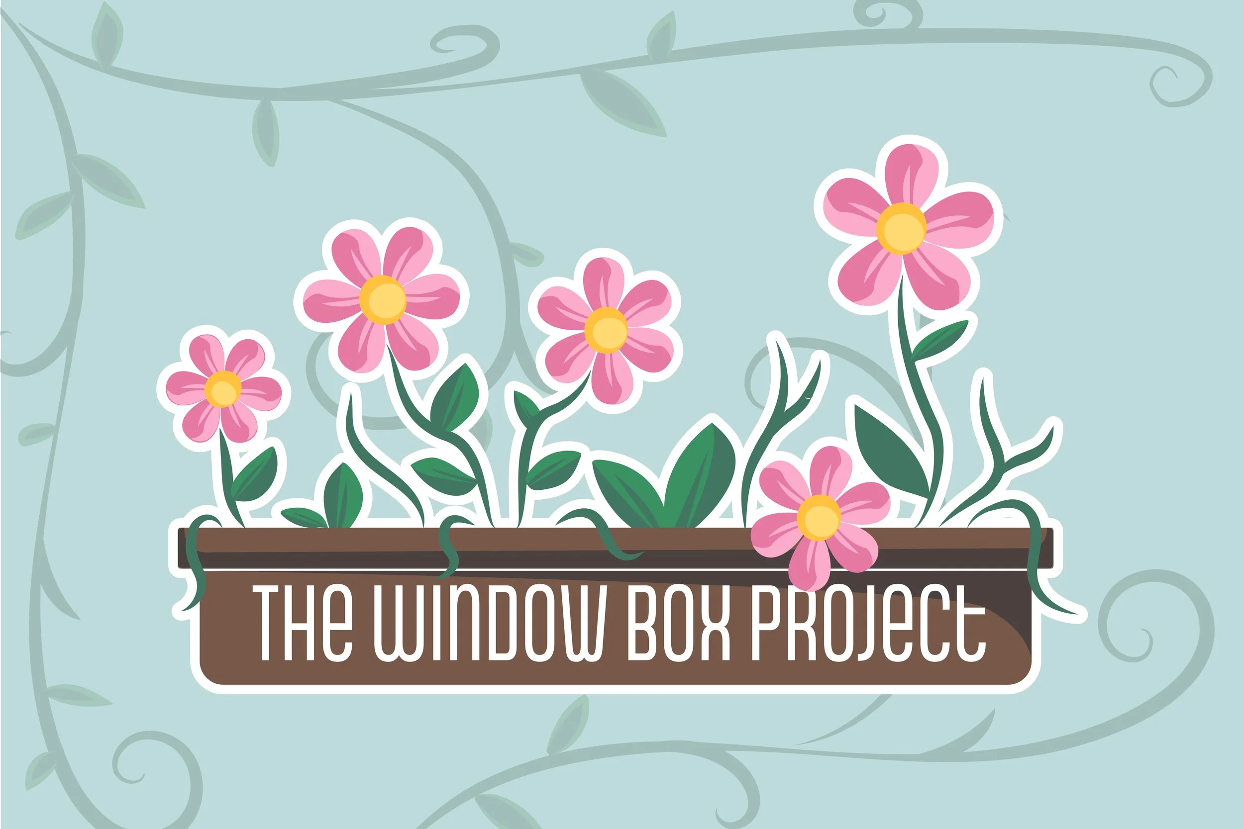 A sign with pink flowers and green leaves inside a window box, with the text "The Window Box Project" underneath, set against a light blue background with swirling vine patterns.