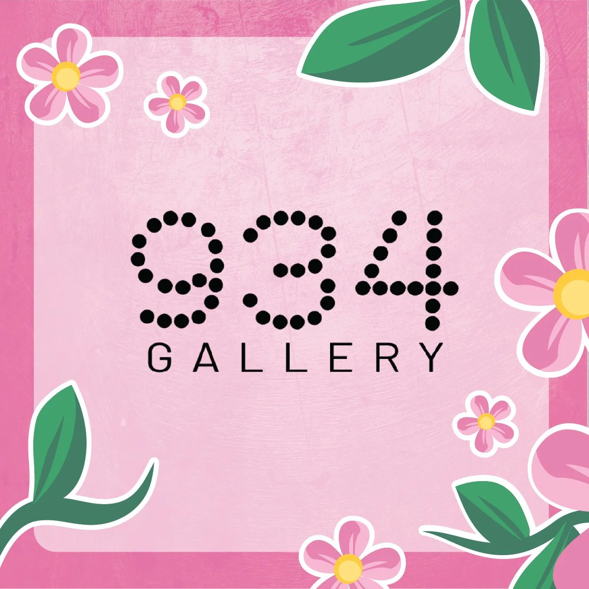Pink background with floral decorations and the text '9 0 4 GALLERY' in black, stylized dot letters.