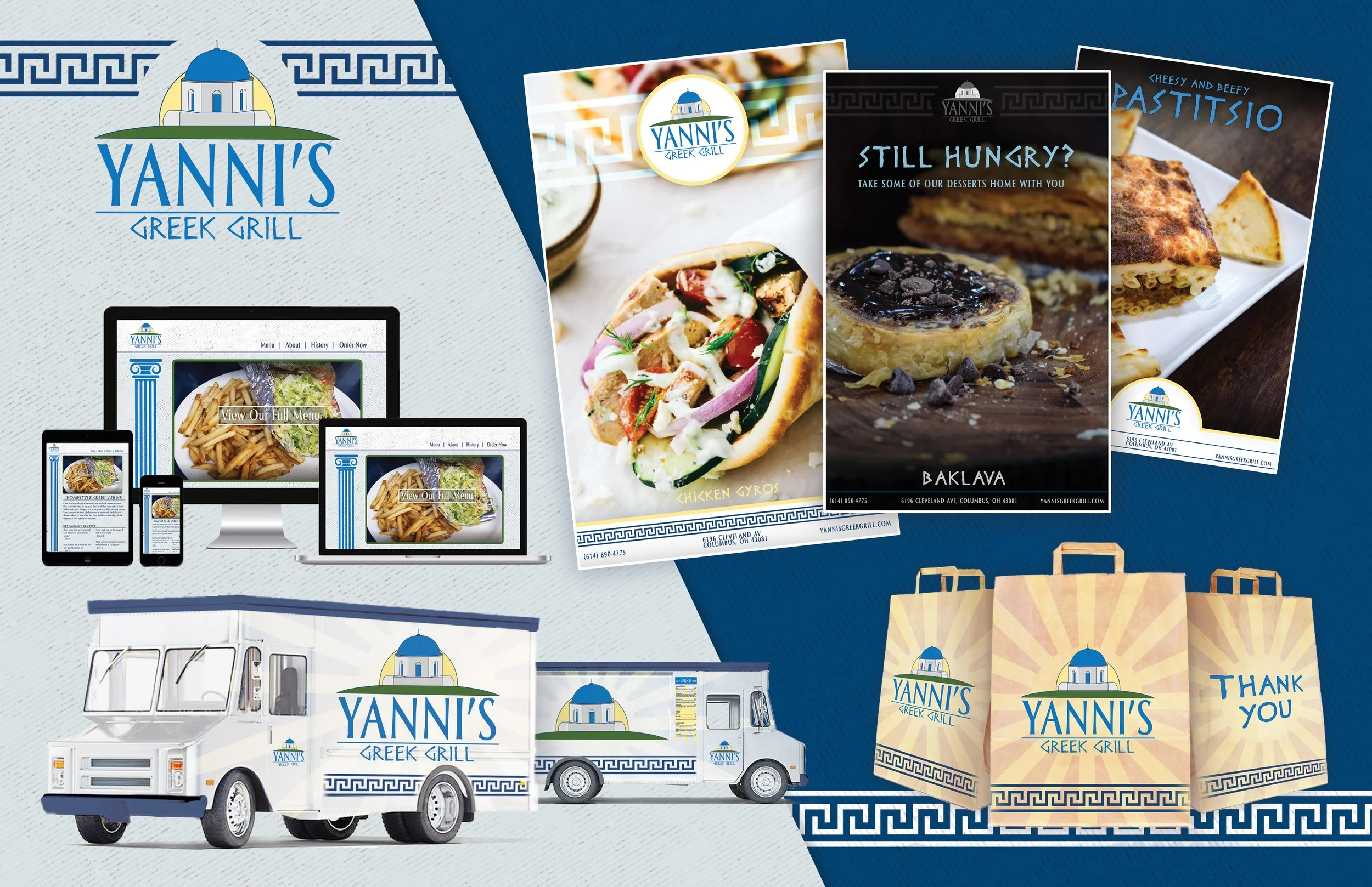Yanni's Greek Grill branding and marketing materials, including a food truck, printed menus, digital menu displays, and promotional flyers featuring Greek cuisine such as chicken gyros and baklava, all with Greek-themed design elements.