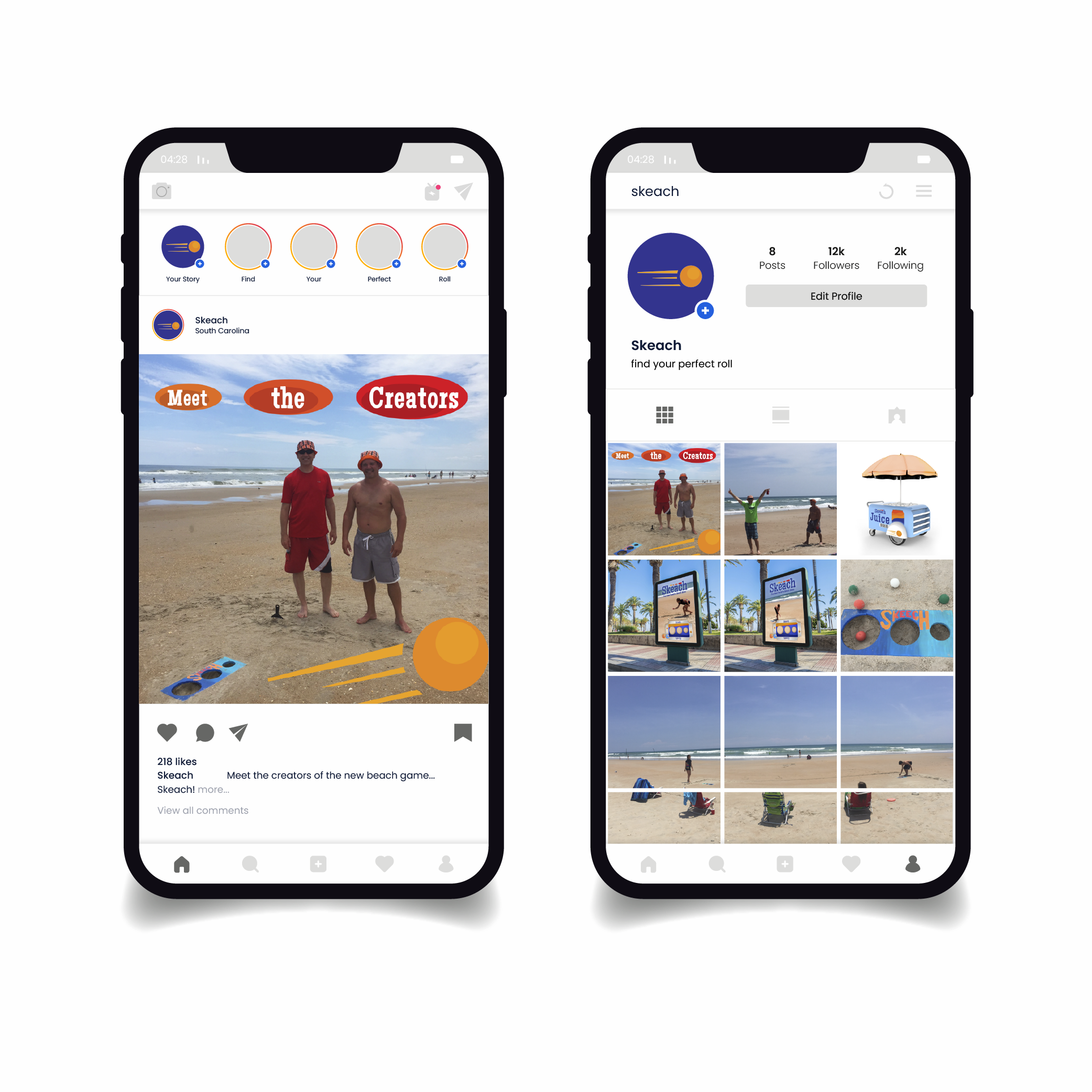 Screenshots of a social media profile and a post for a game called Skeach, featuring images of two men on a beach, beach-related items, and advertising for the game.