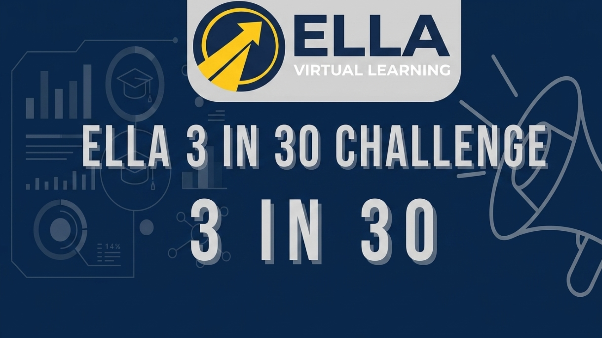A promotional banner for Ella Virtual Learning displaying a '3 in 30 Challenge' with a blue background, white and yellow text, and graphical icons related to data and education.