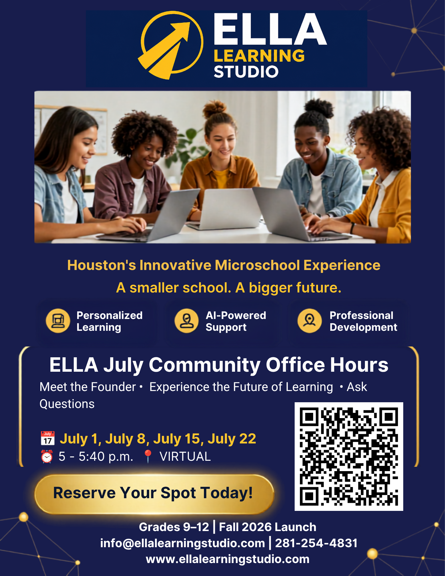 Flyer for Ella Learning Studio's July community office hours, virtual event on July 1, 8, 15, 22 from 5 to 5:40 p.m., featuring a group of diverse young women using laptops, with icons highlighting personalized learning, AI support, and professional development, including a QR code for reservation.