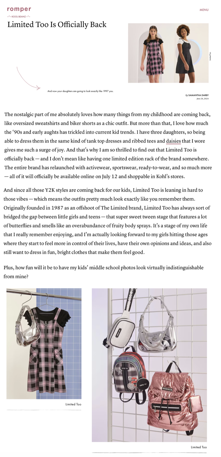 Ad for Limited Too, featuring two girls in tank top dresses, with additional images of pink plaid dresses and various backpacks.