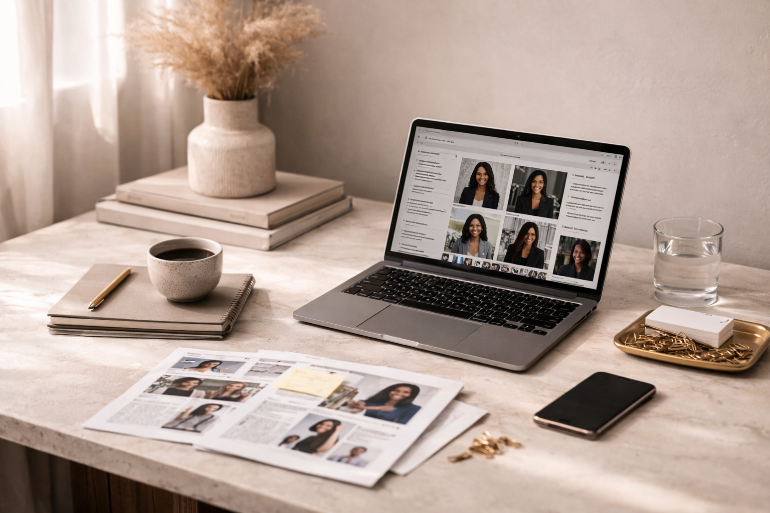 A workspace with a marble top desk holding an open laptop displaying a photo gallery, a coffee cup on a notepad with a pen, an open newspaper with photos and articles, a smartphone, a glass of water, a gold tray with paper clips and sticky notes, a stack of white paper, a gold tray with a stack of paper and gold paper clips, a stack of books, and a vase with dried pampas grass near a window with sheer curtains.
