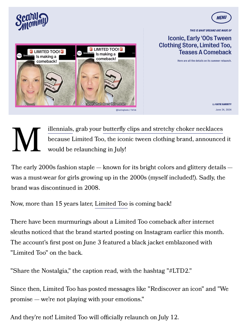 Screenshot of a social media video featuring a blonde woman making expressive faces, with text overlay stating 'LIMITED TOO! Is making a comeback!'