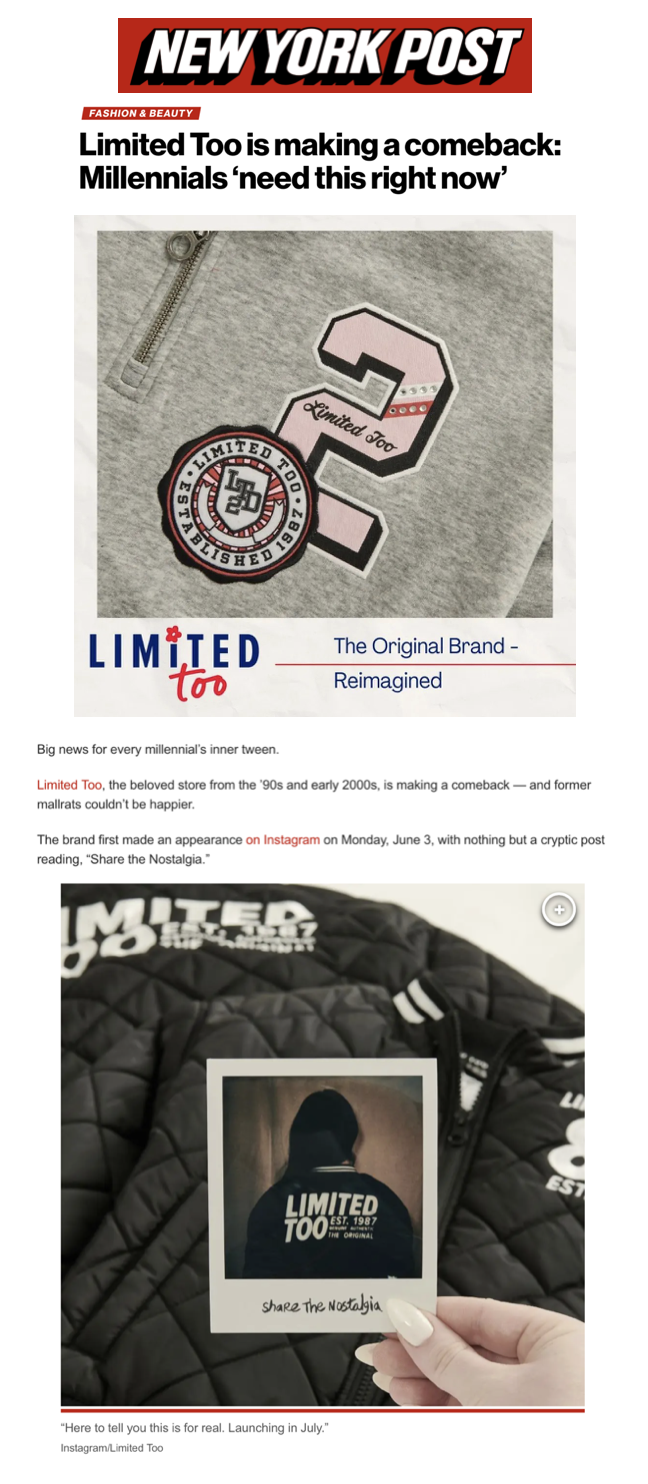 New York Post article about Limited Too's comeback, featuring images of a gray hoodie with patches and a black quilted jacket with a Polaroid photo of a person wearing a hoodie.