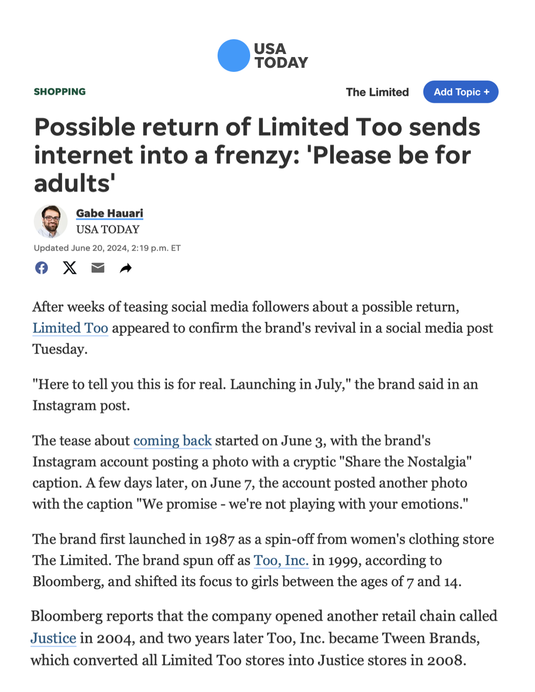 Screenshot of a news article from USA TODAY titled 'Possible return of Limited Too sends internet into a frenzy: 'Please be for adults,' written by Gabe Hauari, updated June 20, 2024.