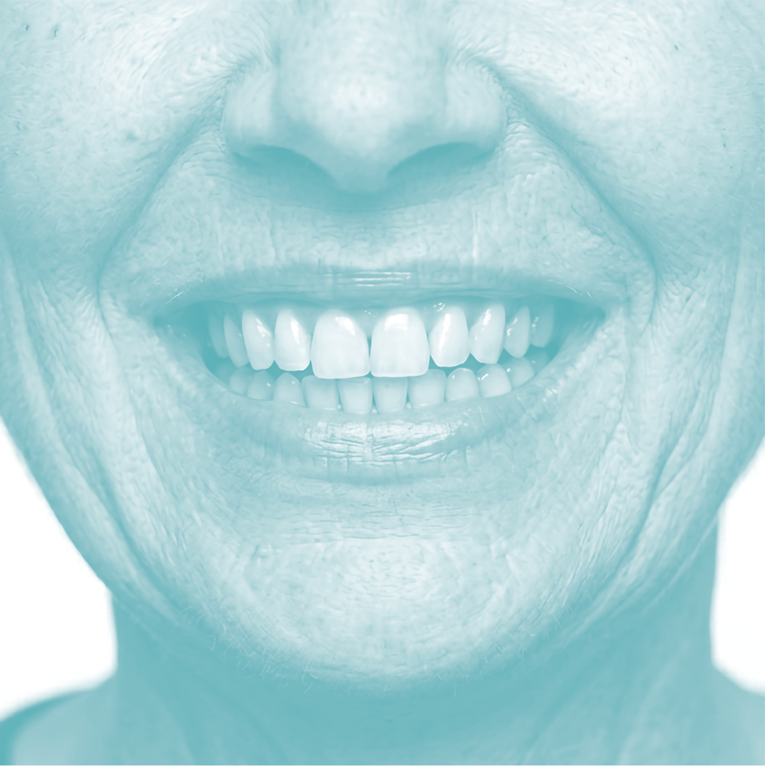 Close-up of an elderly person's smiling mouth with visible teeth.