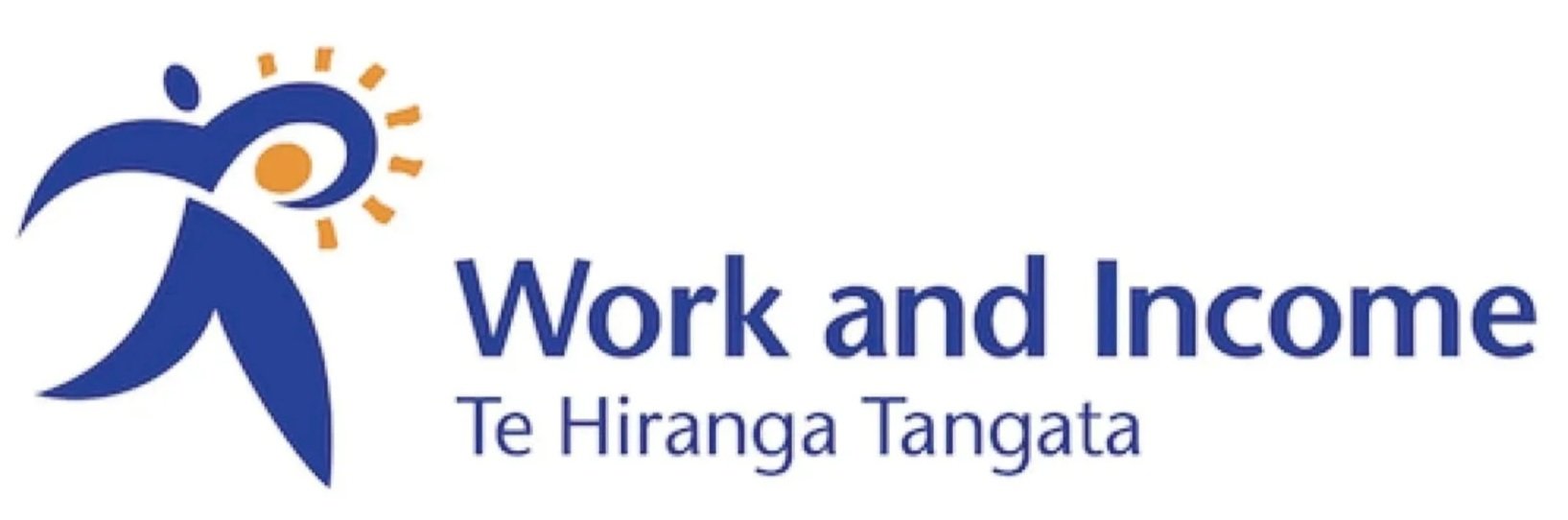 Logo with a stylized person in blue, orange sun rays, and the text 'Work and Income' with 'Te Hiranga Tangata' underneath.
