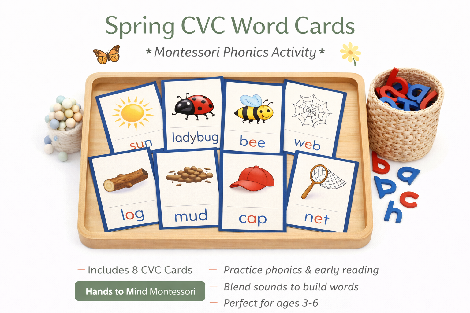 Spring CVC Word Card Montessori Phonetics Activity