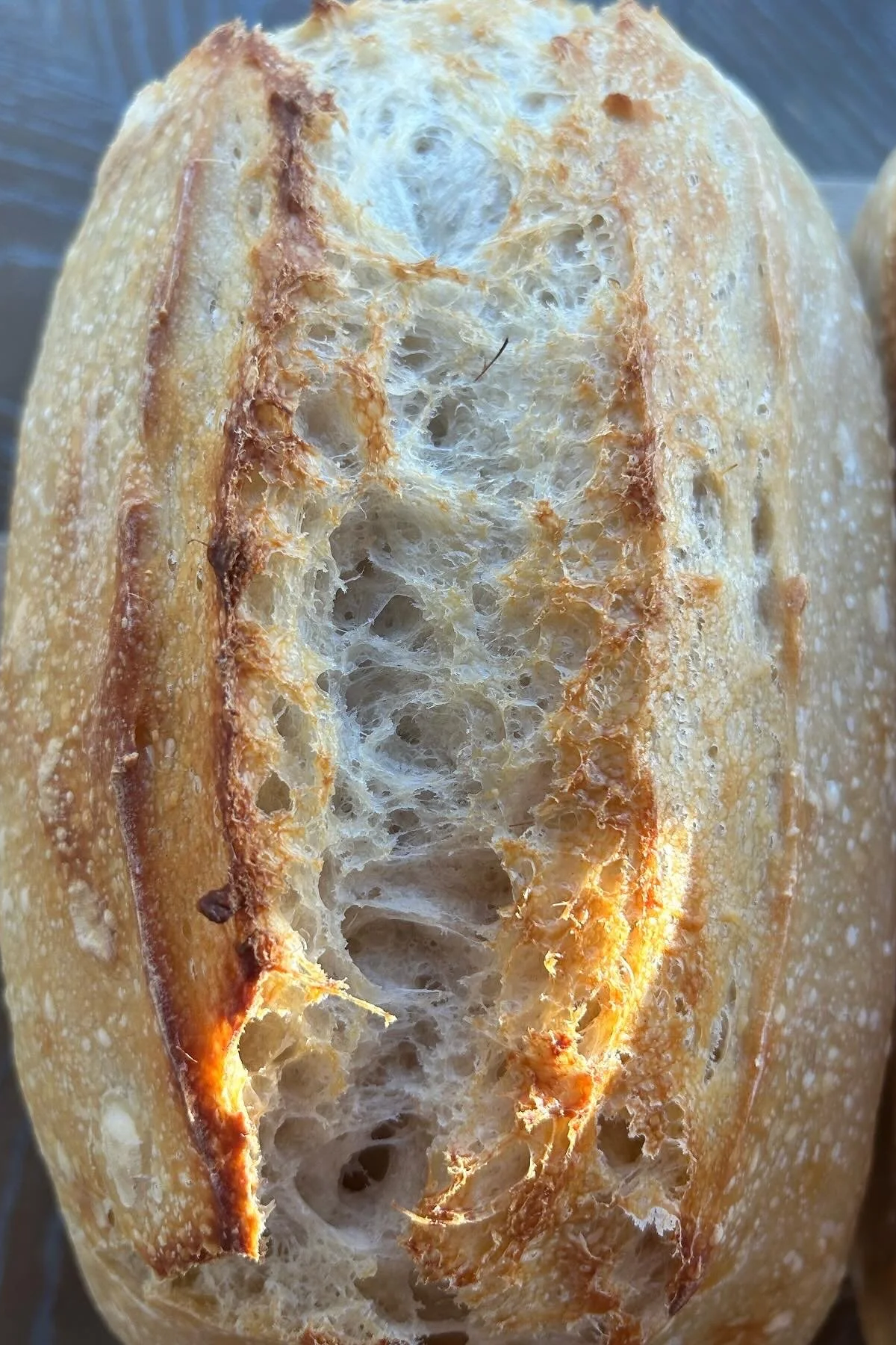 Close-up of a sliced baguette showing its airy, crusty interior.