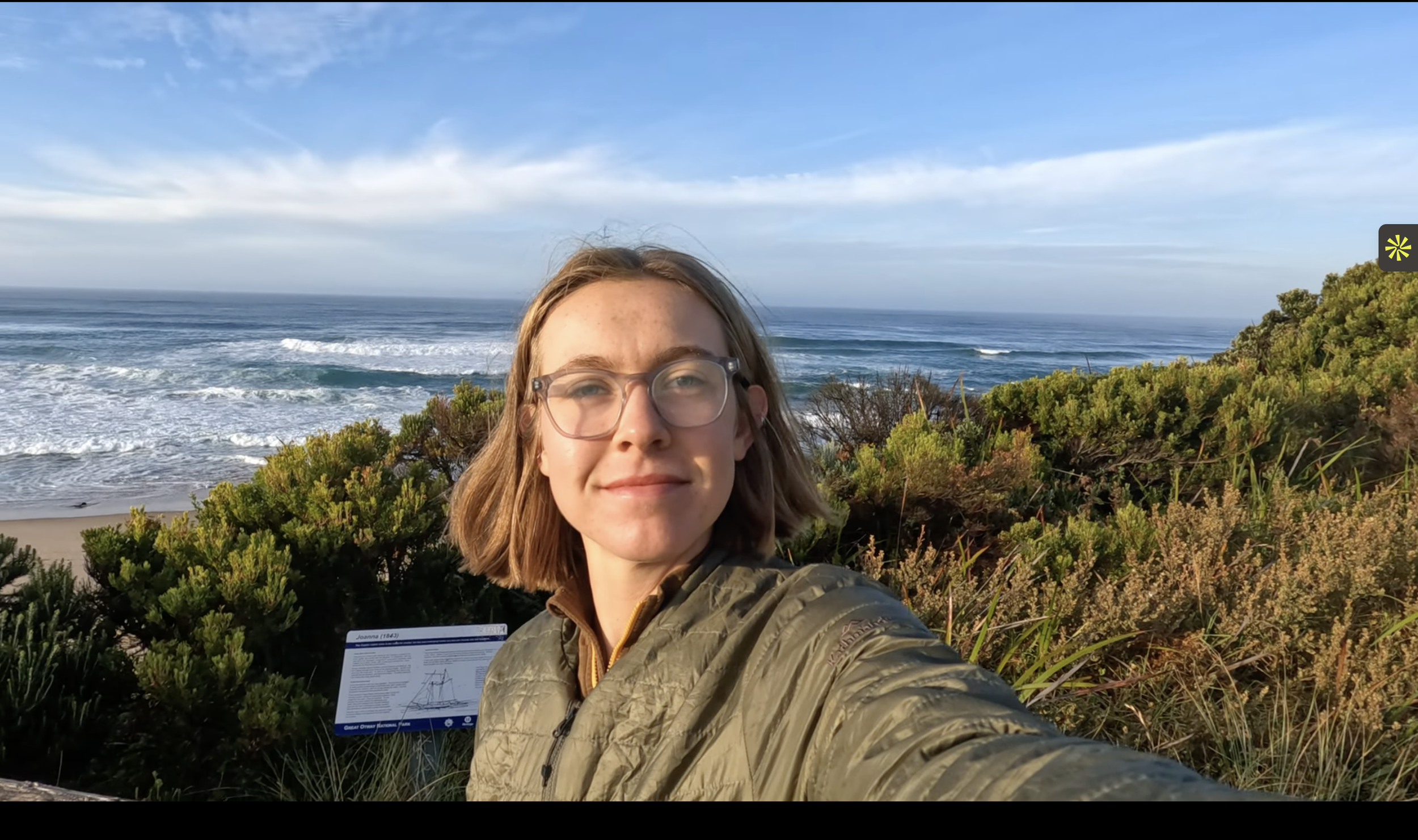 A woman with shoulder-length brown hair and glasses takes a selfie at the beach, with ocean waves, sand, and green bushes in the background.