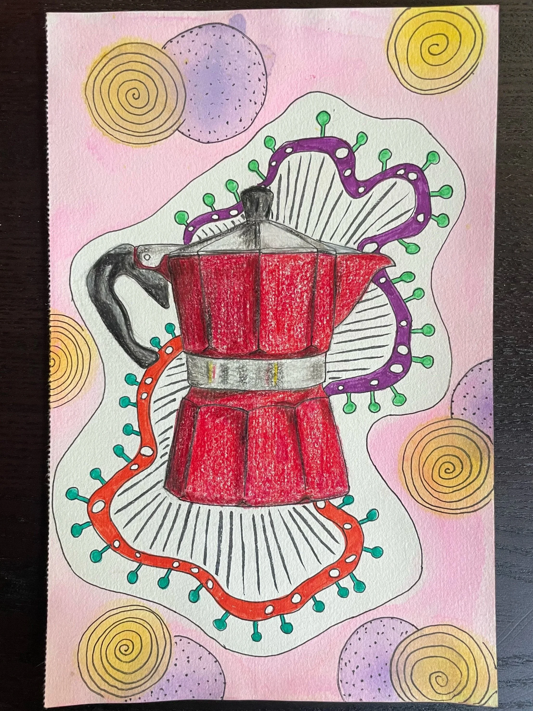Colorful drawing of a red moka pot surrounded by abstract shapes and spiral patterns on a pink background.