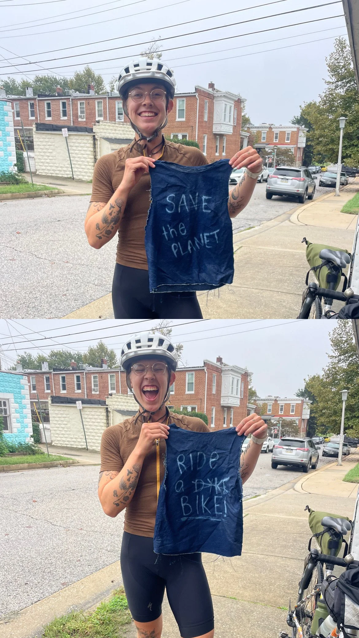A woman wearing a bike helmet and glasses, smiling, holds a piece of cloth with messages written on it. In the first image, the cloth says "SAVE the PLANET." In the second, it says "RIDE a DARE BIKE!" She stands on a sidewalk with houses and parked cars in the background.