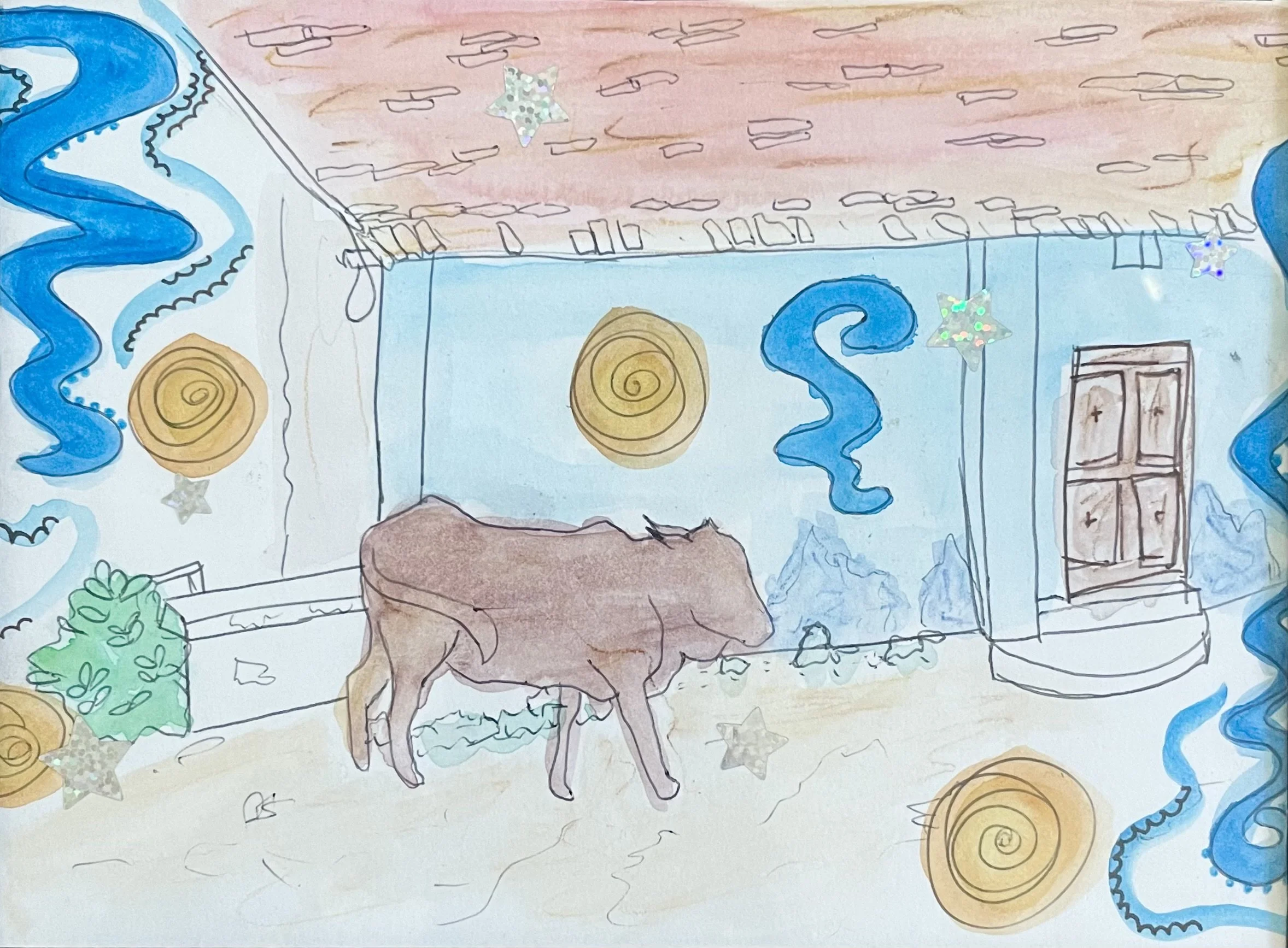 A child's colorful watercolor drawing of a room decorated with stars, spirals, and streamers, featuring a brown dog standing on a beige floor near a blue wall, a window, and some green plants.
