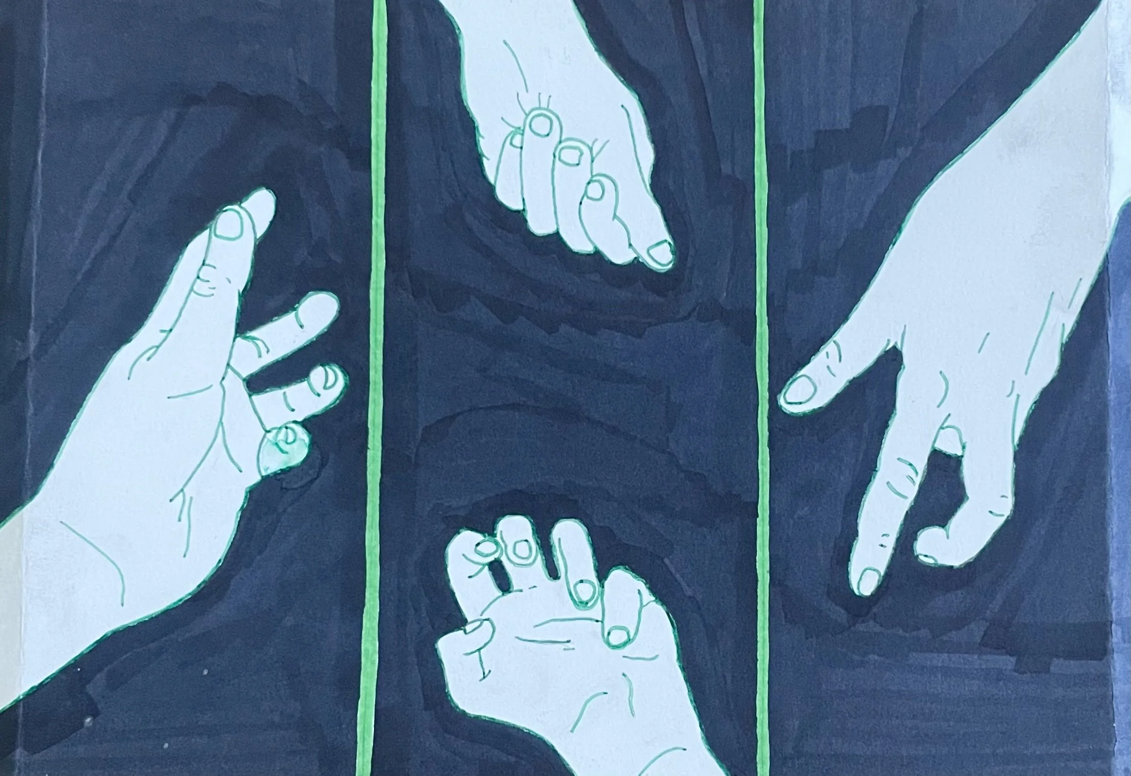 Three hand gestures demonstrating signs, likely American Sign Language, depicted in a straightforward illustration with a dark background and bright green highlights.