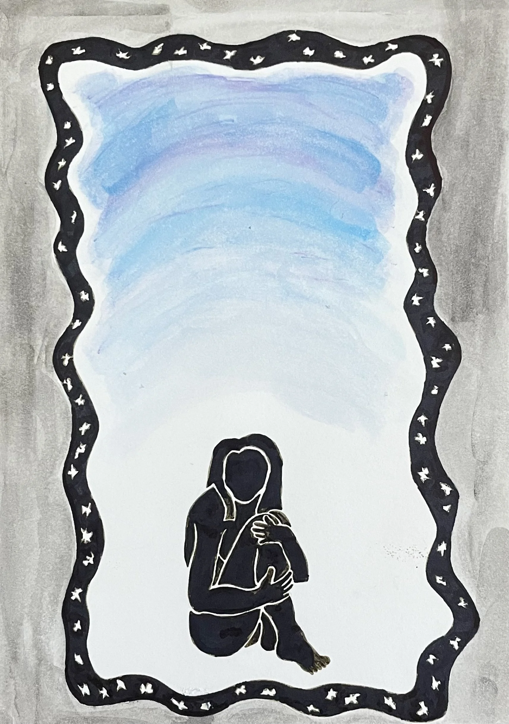 A mural of a woman holding a small child, surrounded by a decorative black border with white stars, with a background of watercolor sky in shades of blue and purple.
