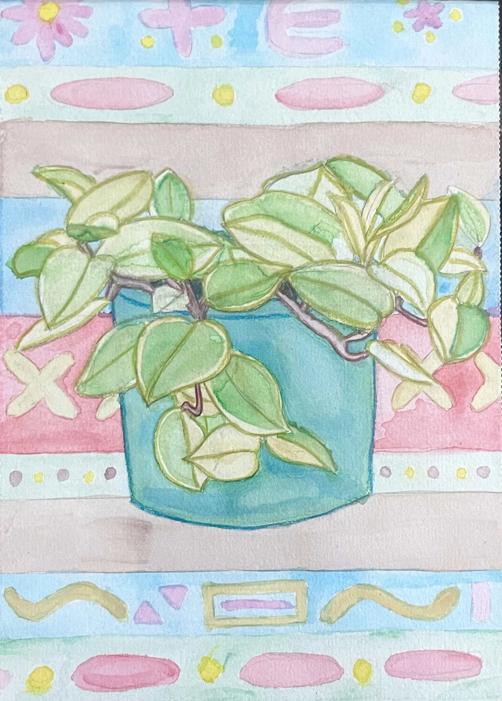 A watercolor painting of a potted plant with green and cream-colored leaves. The pot is blue, and the background features pastel colors with decorative patterns and shapes.