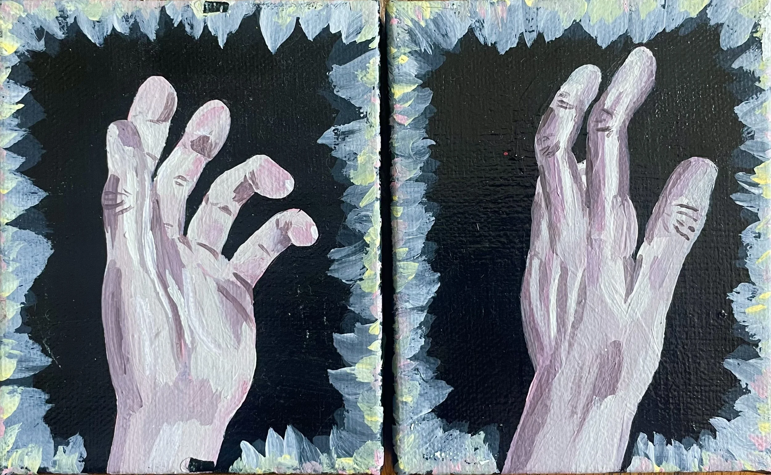 A diptych painting featuring two hands reaching towards each other, painted with expressive brushstrokes against a black background, surrounded by a border of blue, yellow, and green petals.
